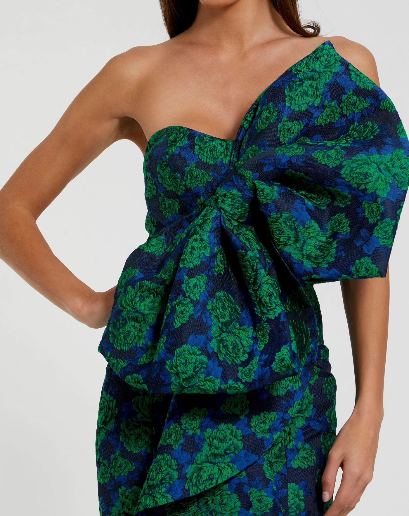 Blue and Green Strapless Brocade Fitted Gown With Oversized Bow