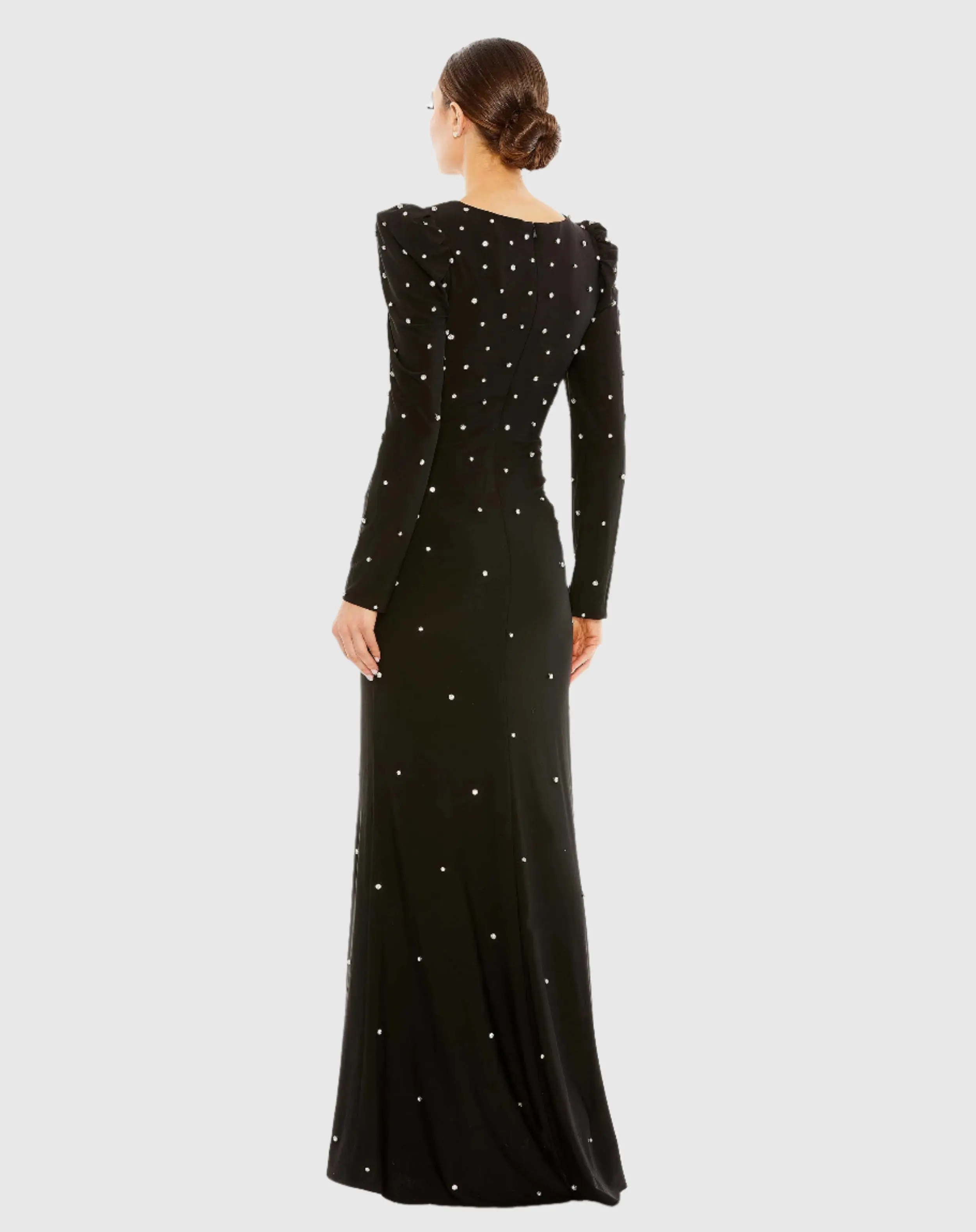 Rhinestone Encrusted Long Sleeve V Neck Gown