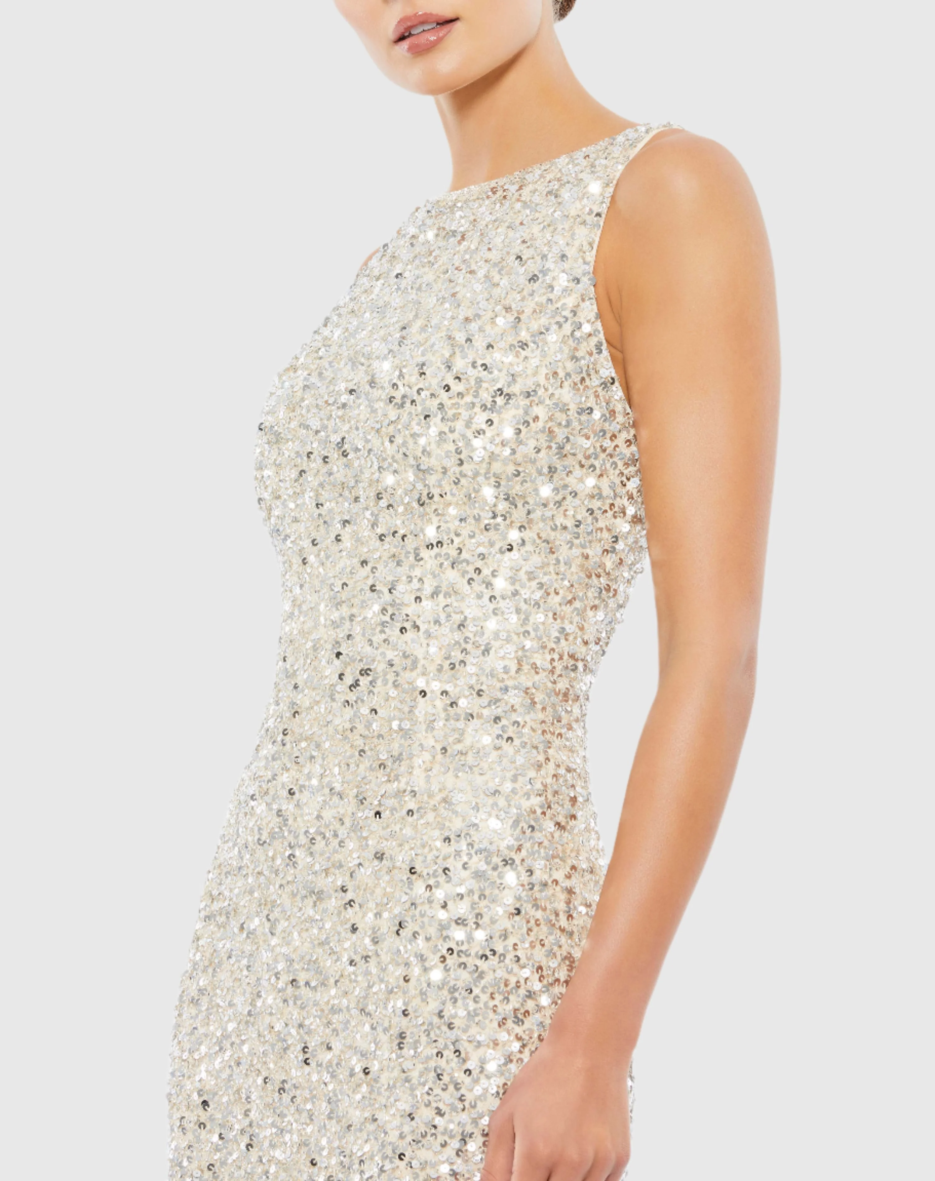 Silver Sleeveless Sequined Midi Sheath Dress