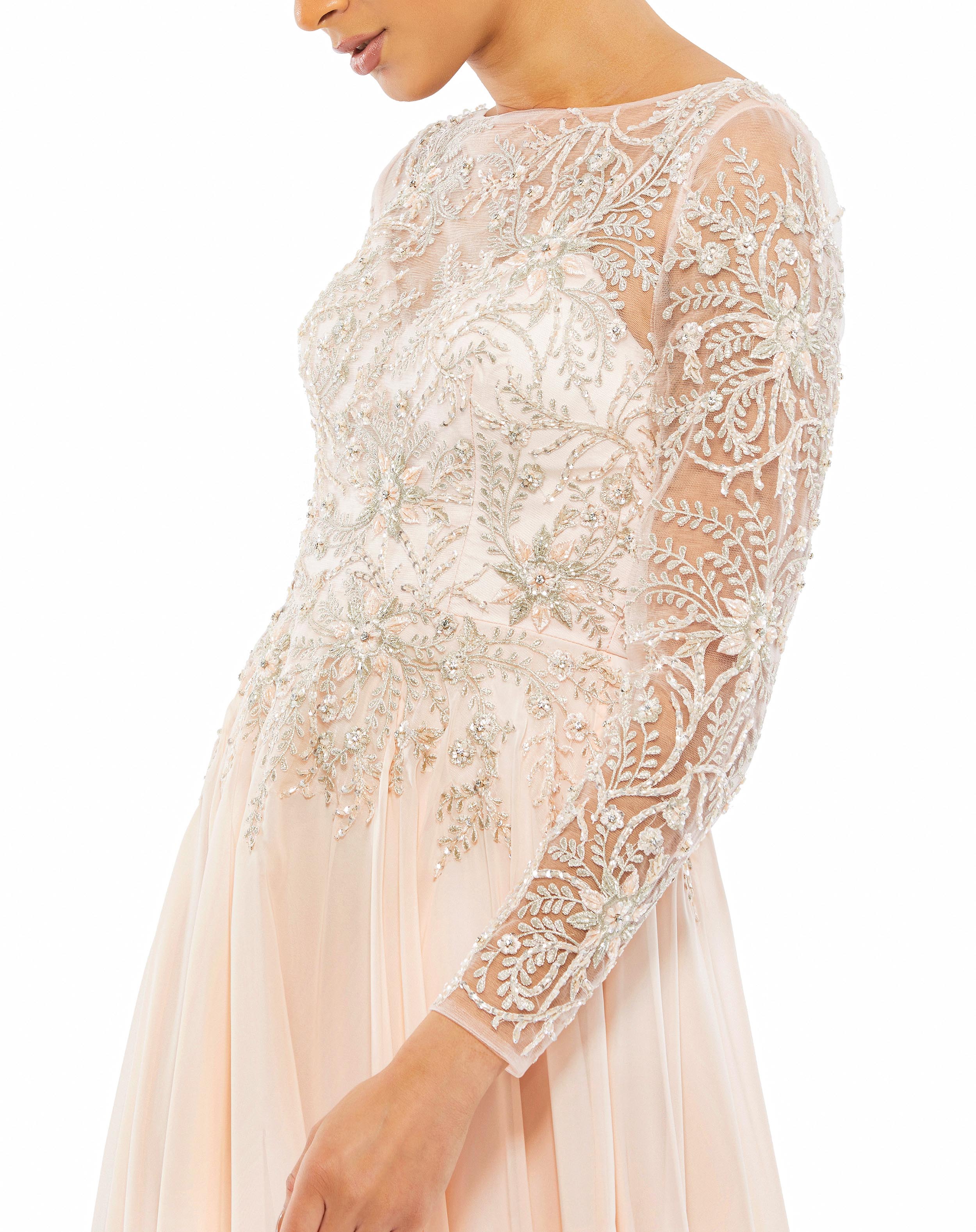 Embellished Bodice Illusion Long Sleeve A Line Gown | Sample | Sz. 2