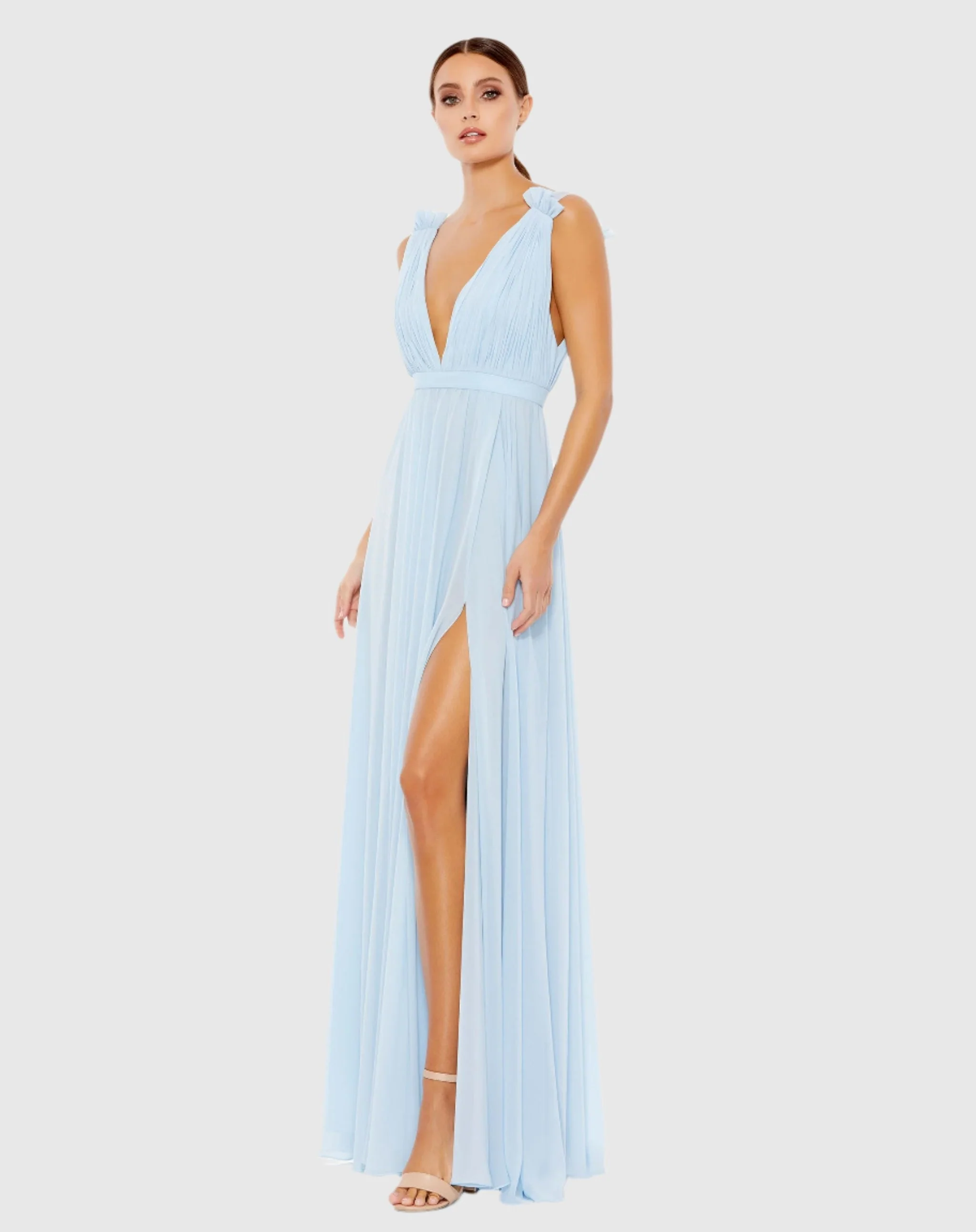 Blue Pleated Chiffon Sleeveless V-Neck Gown