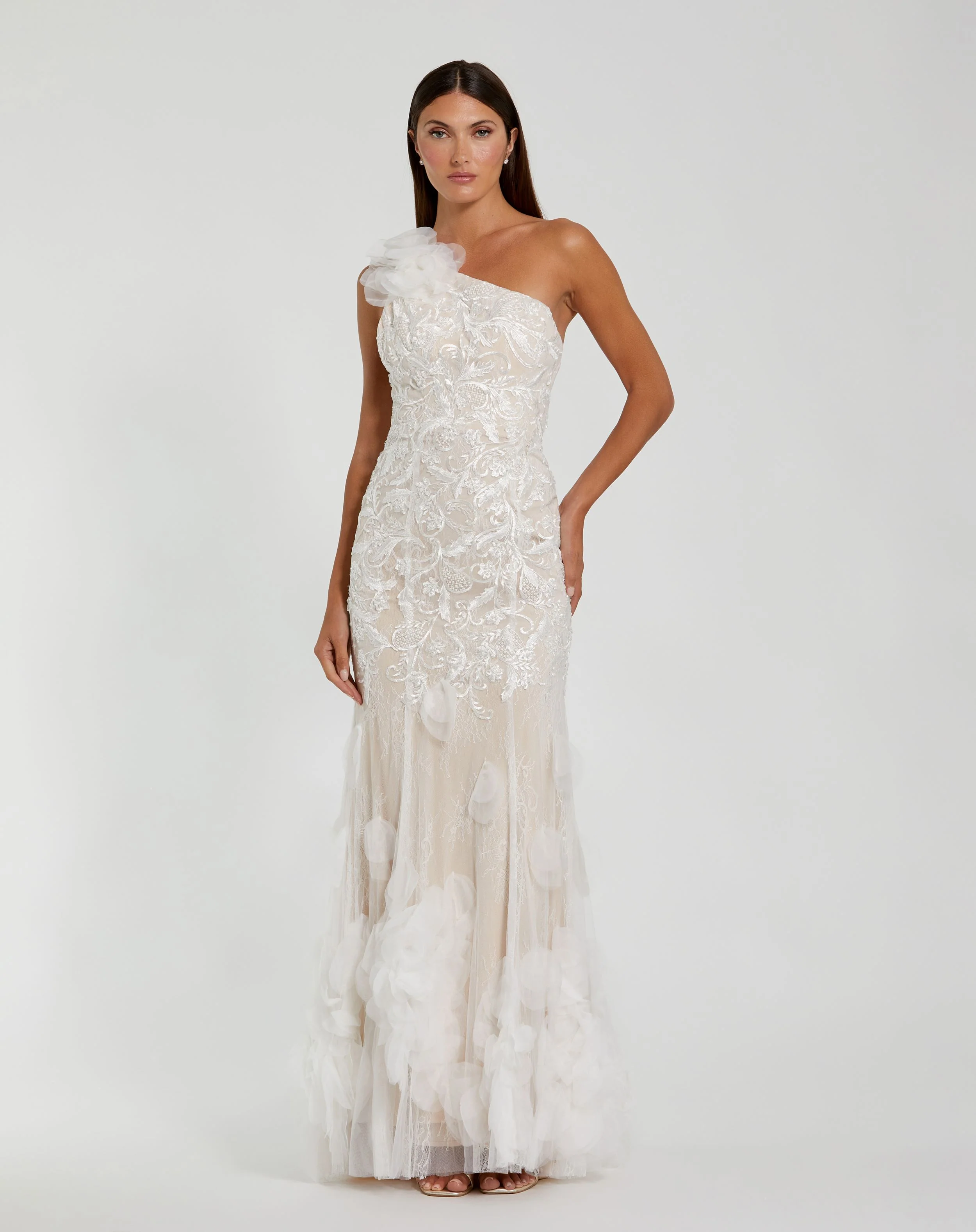 White Beaded Strappy One Shoulder Petal Mermaid Gown