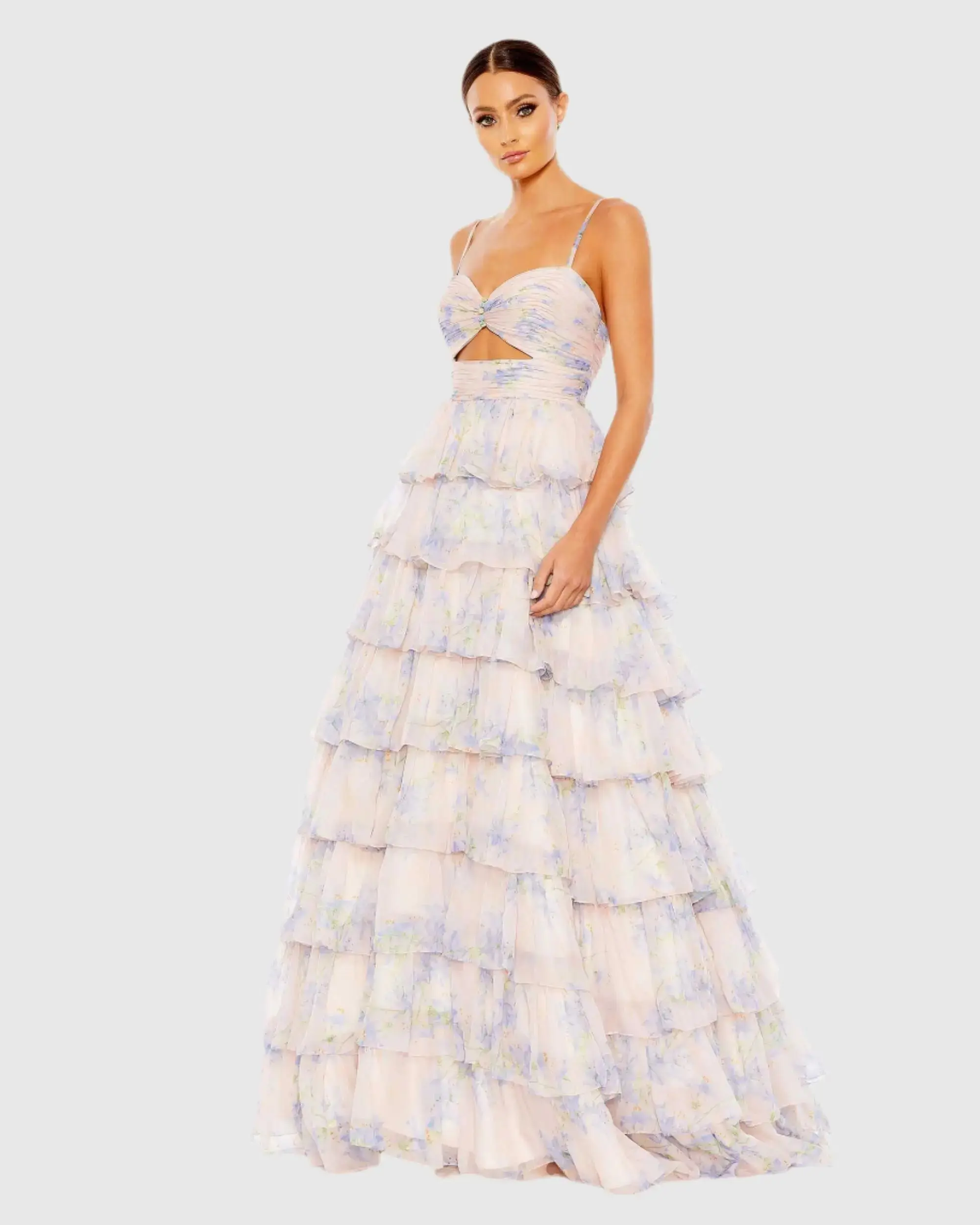 Floral Cut Out Tiered Ruffle Gown