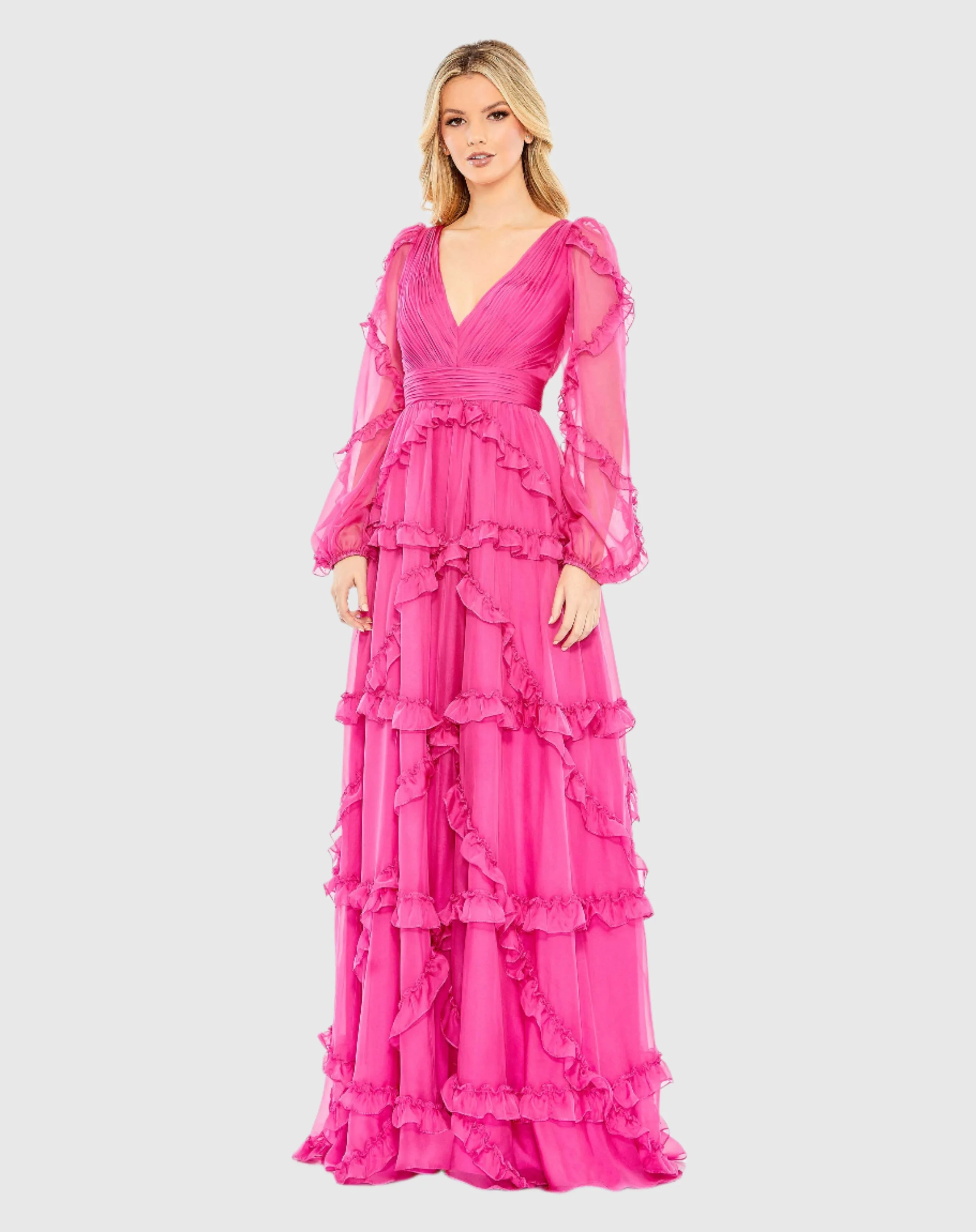Pink Cascade Ruffle Puff Sleeve A Line Gown