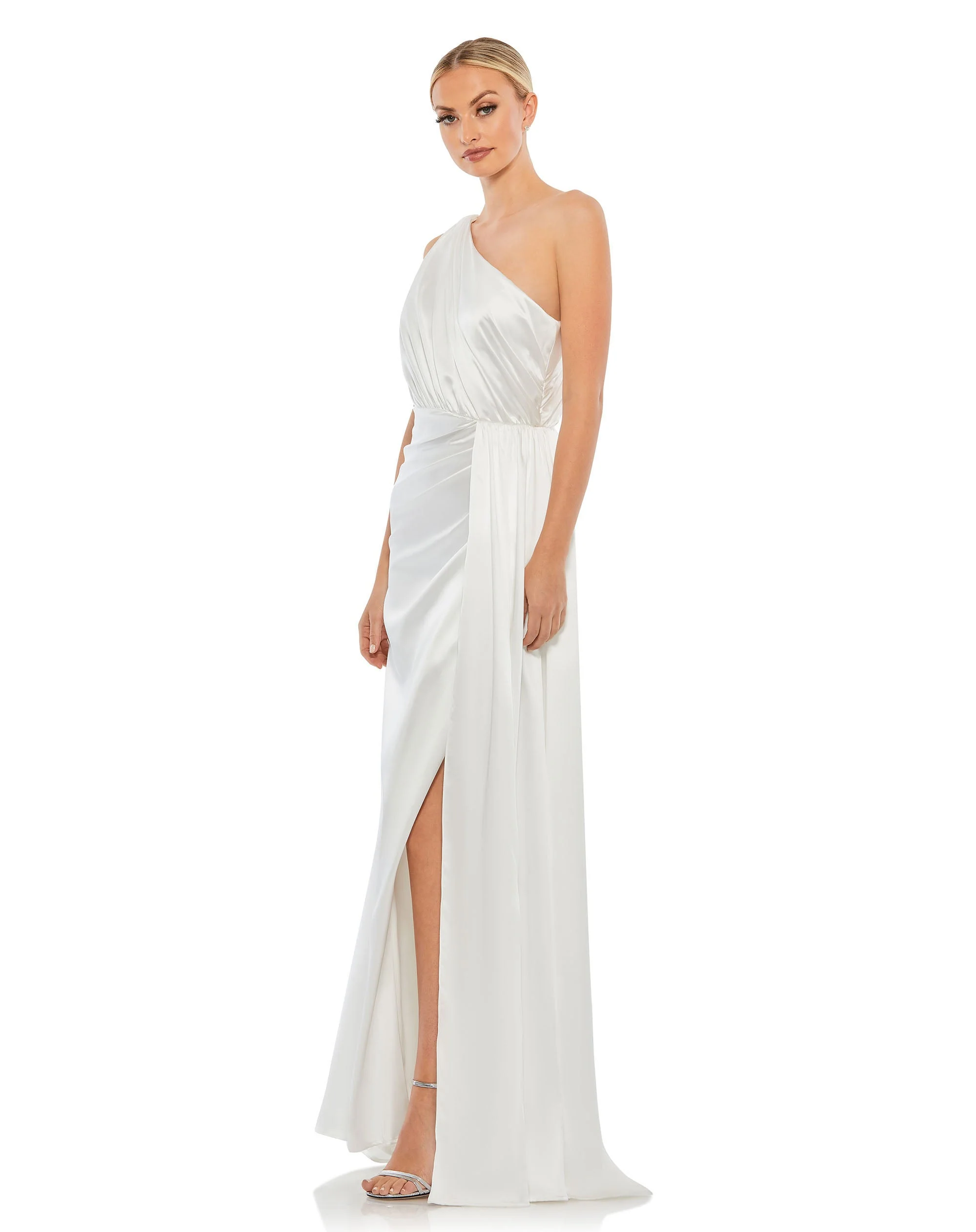 White Gathered One Shoulder Satin Faux Wrap Gown