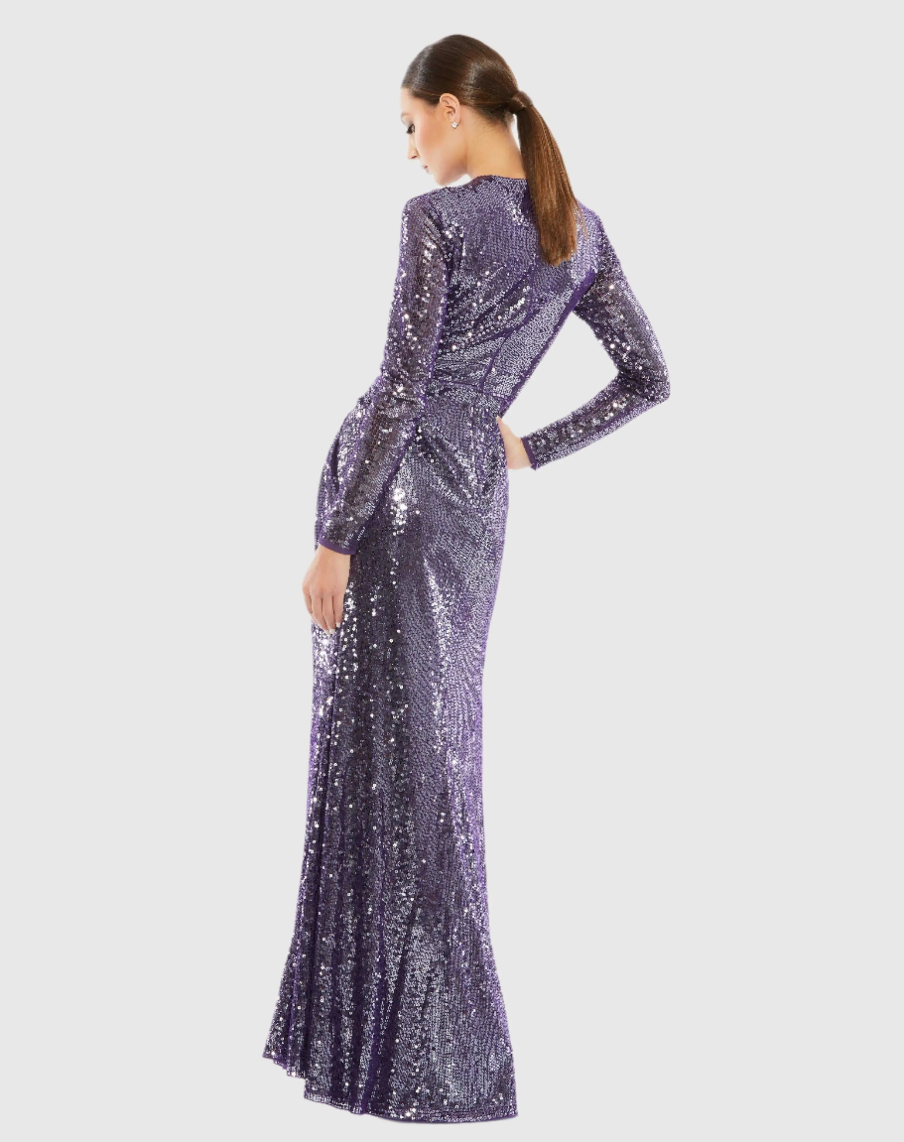 Purple Sequined High Neck Long Sleeve Draped Gown