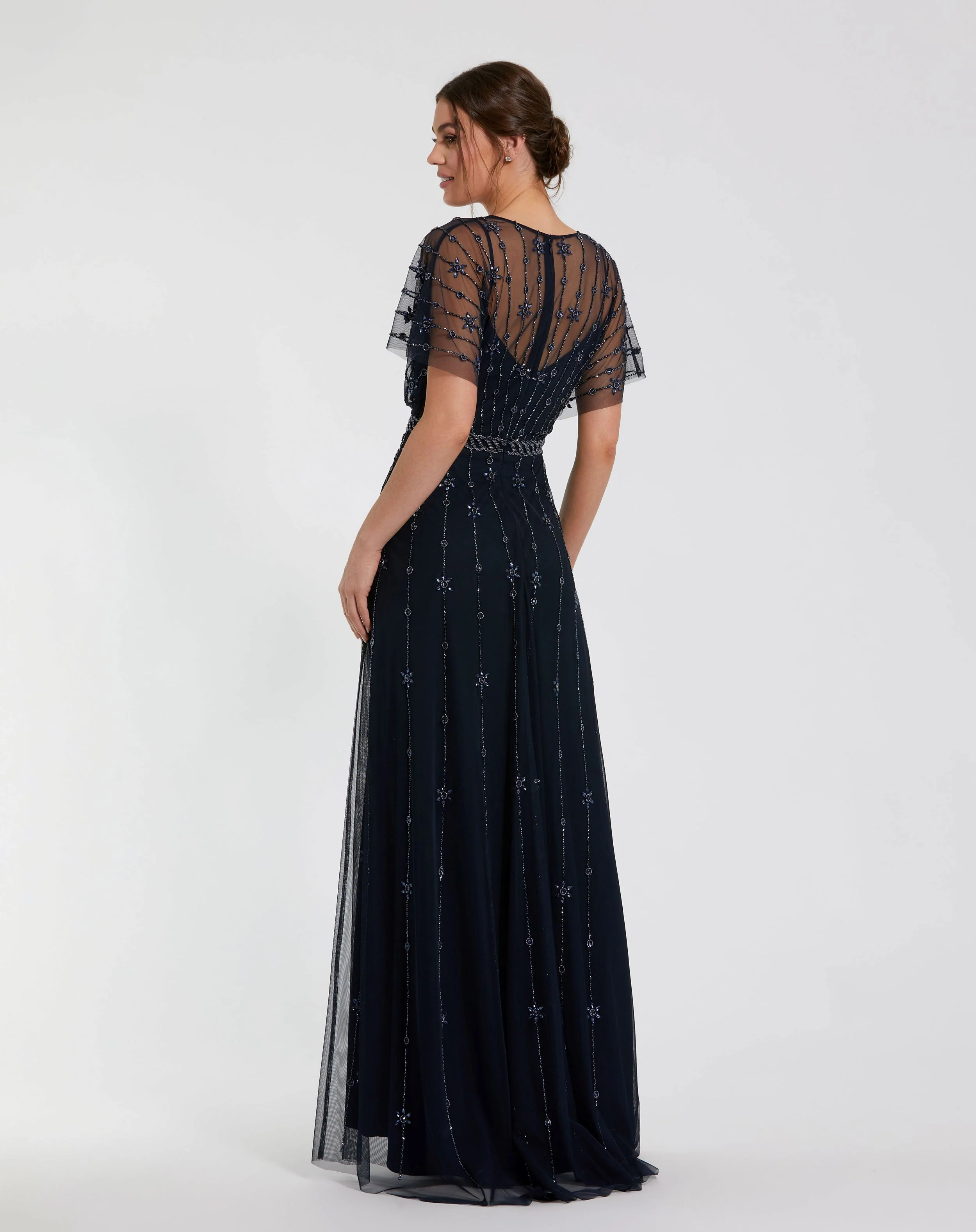 Navy V Neck Embellished Flutter Sleeve A Line Gown