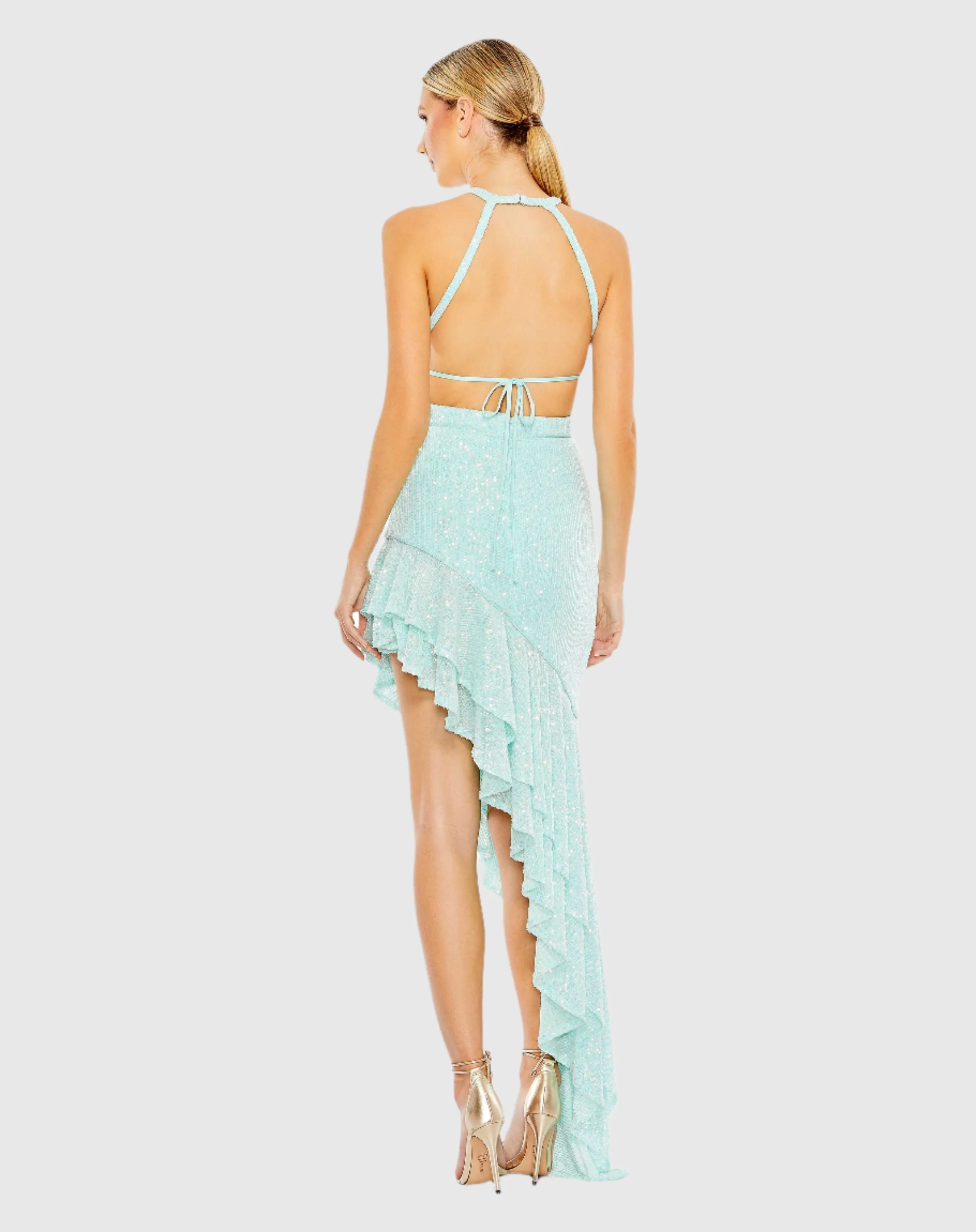 Blue Sequined Halter Cut Out Ruffle Asymmetrical Dress
