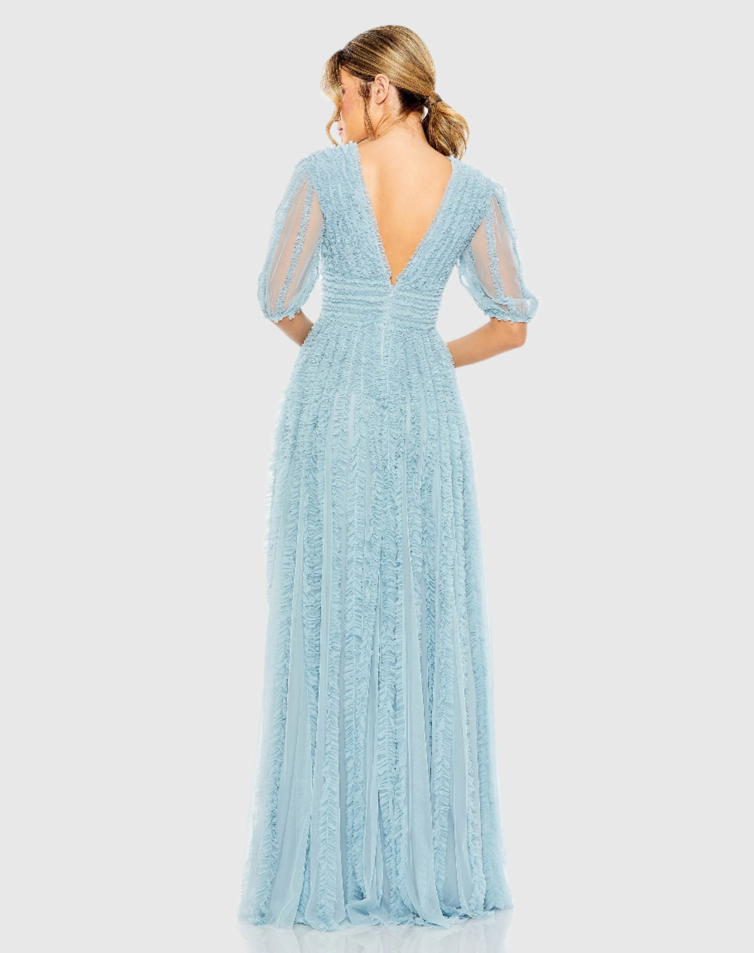 V Neck Puff Sleeve Ruffle Tiered A Line Gown