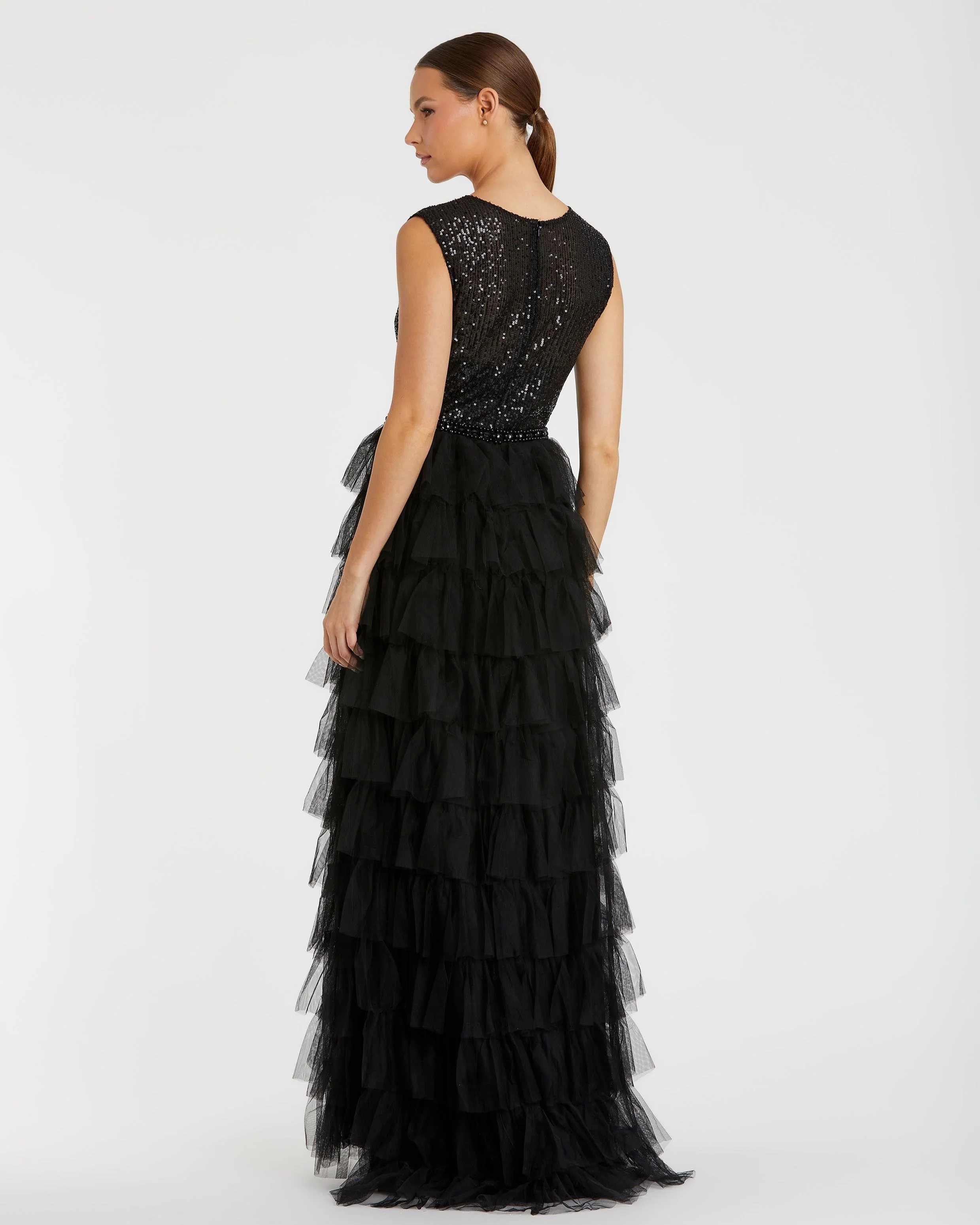 Ruffle Tiered Sequin High Neck Gown