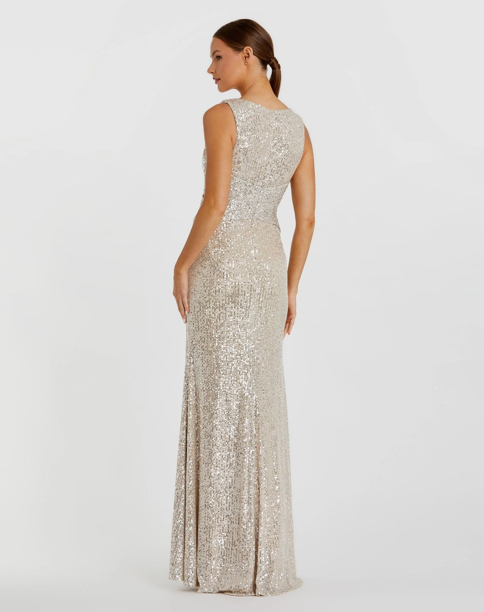 Silver V-Neck Sequin Wrap Waist Gown