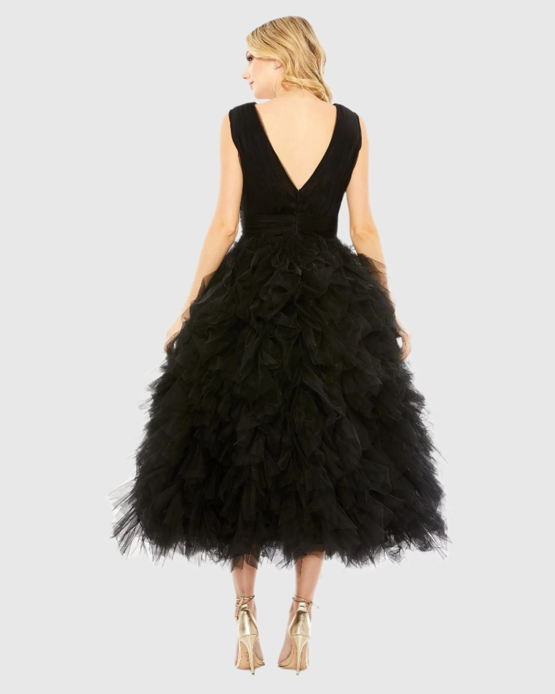 Ruffled Sleeveless V-Neck A Line Tulle Dress
