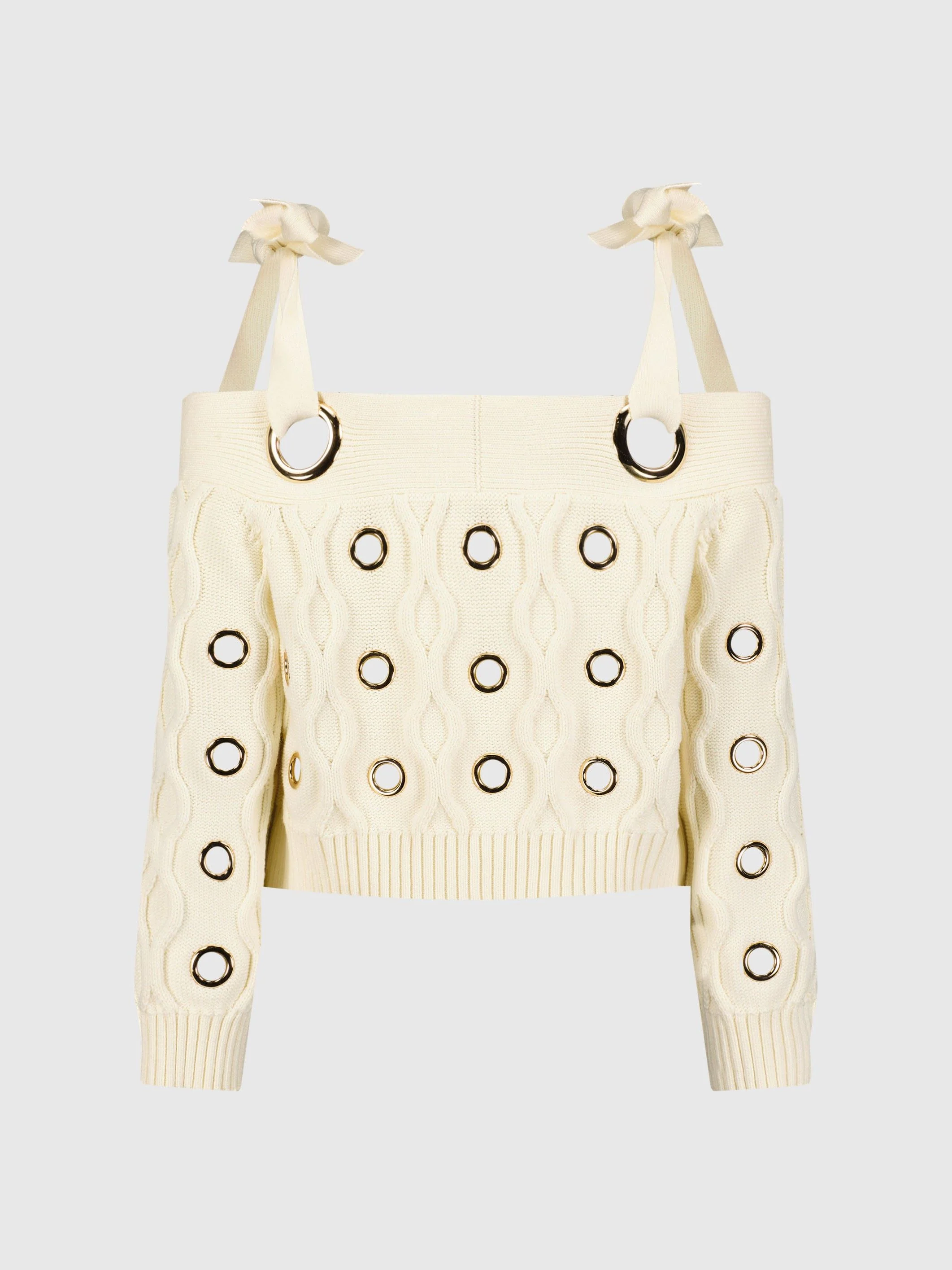Ivory Chunky Knit Off The Shoulder Grommet Cropped Sweater