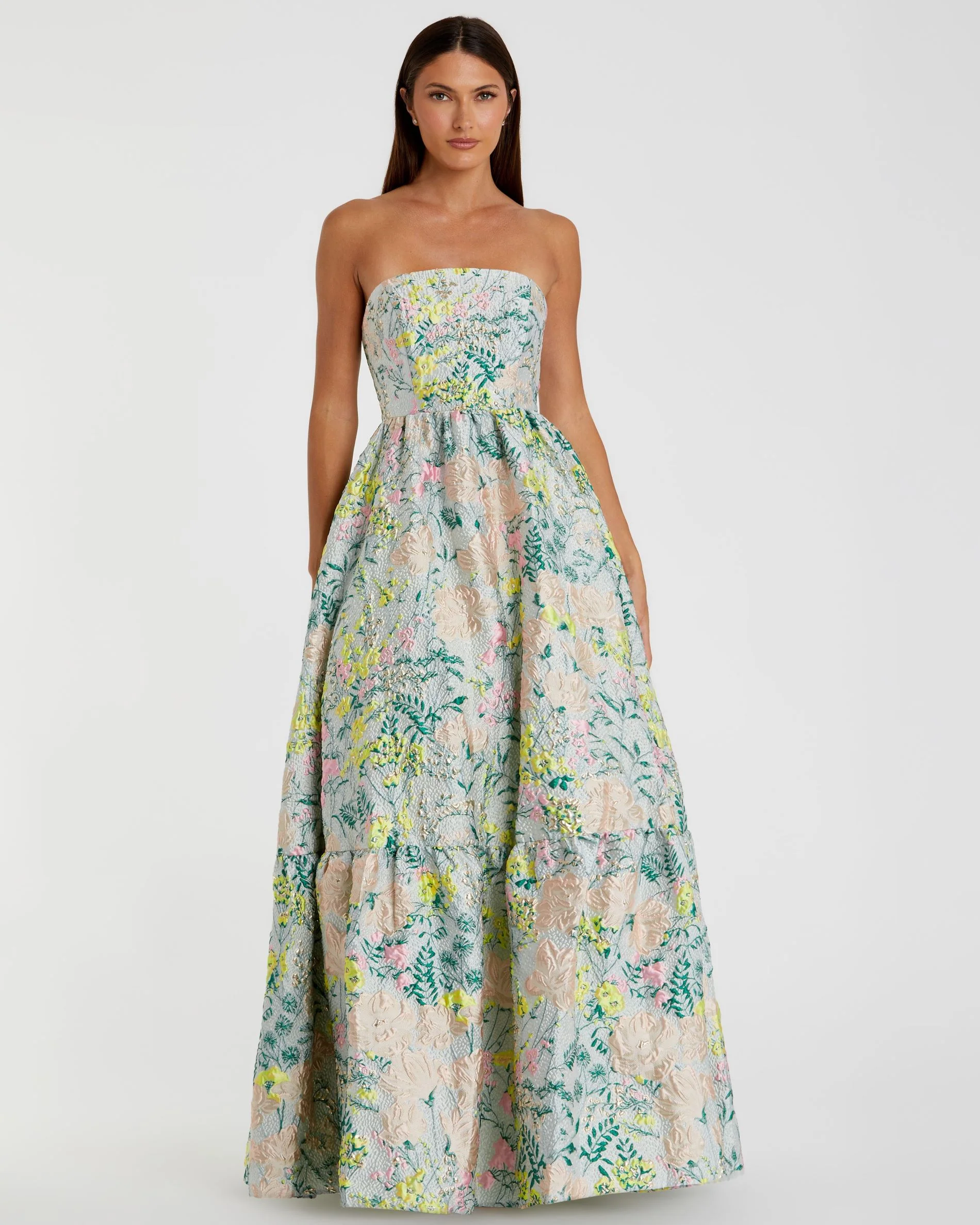 Multicolor Floral Brocade Strapless A Line Gown