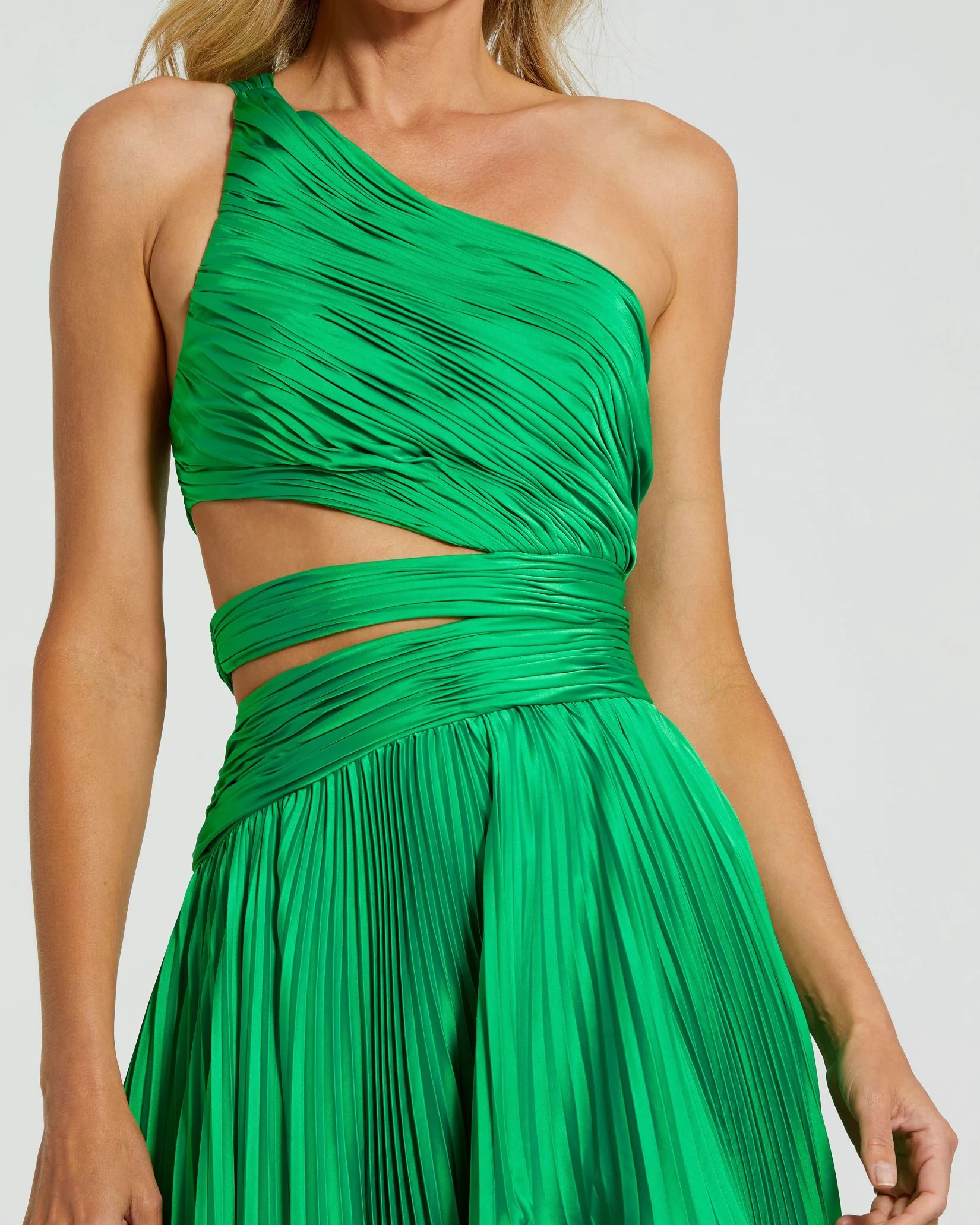 Green One Shoulder Pleated Charmeuse Gown with Slit
