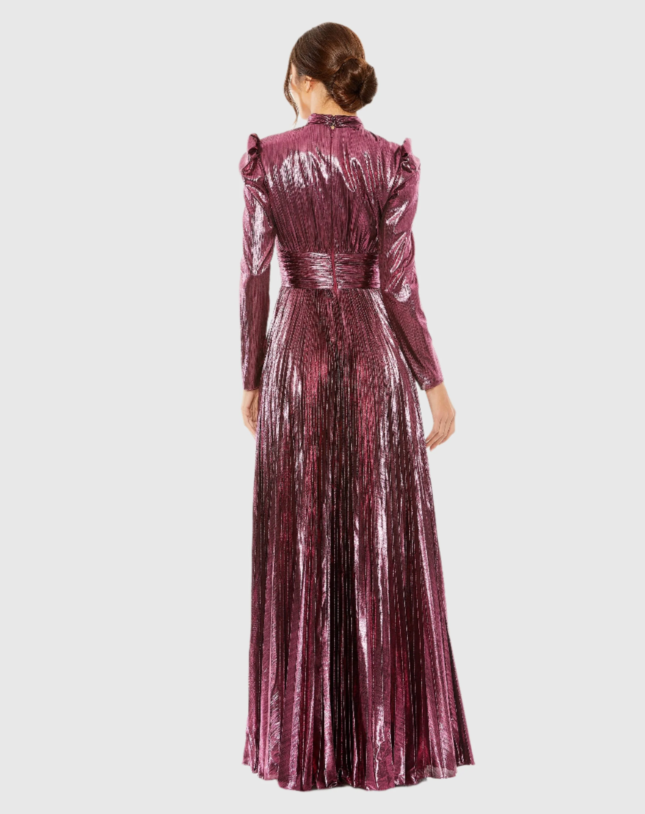 Pink Long Sleeve Keyhole Neck Heat Pleat Metallic Gown