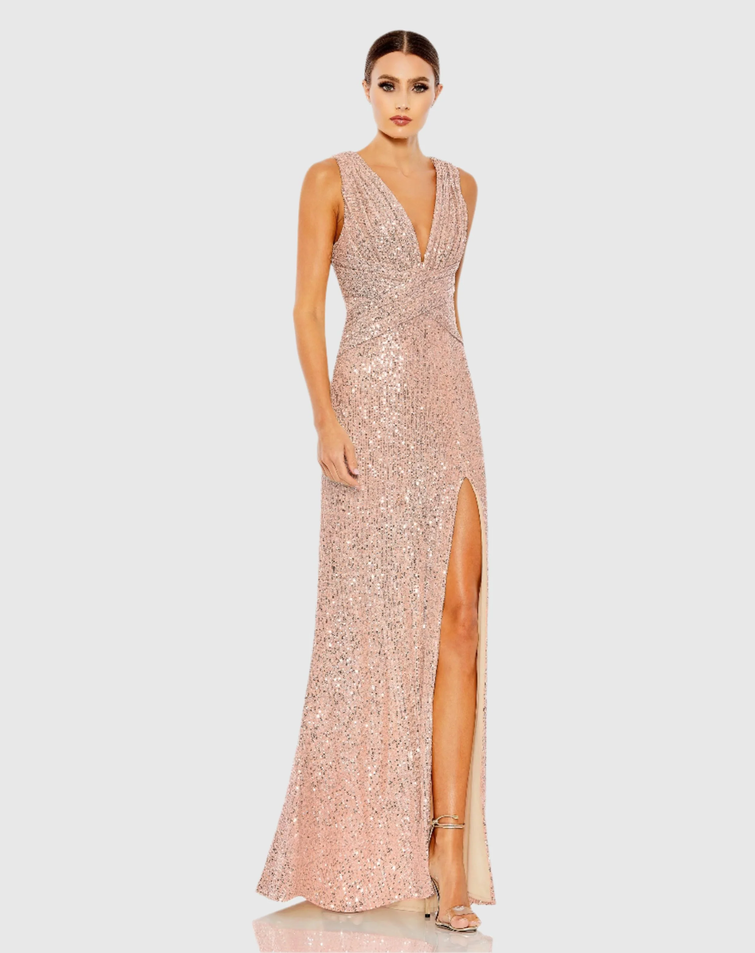 Pink V-Neck Sequin Wrap Waist Gown