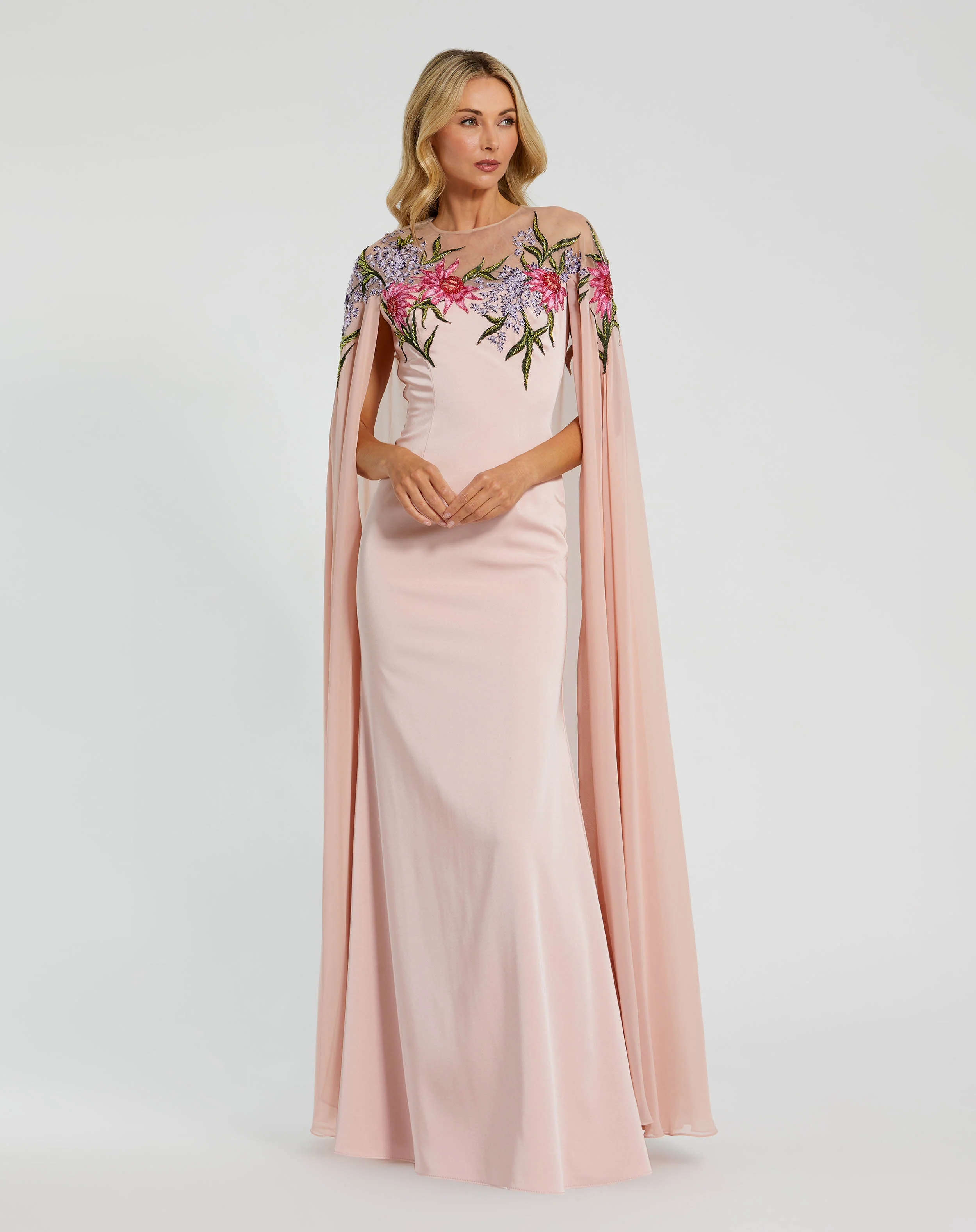 Sheer Cape Gown with Beaded Embroidery