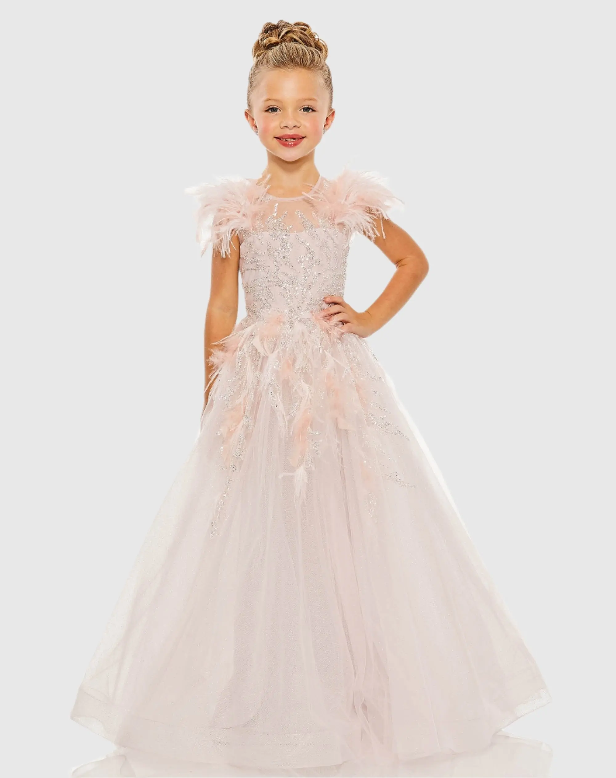 Light Pink Girls Feather Sleeve Detail Glitter Tulle Dress