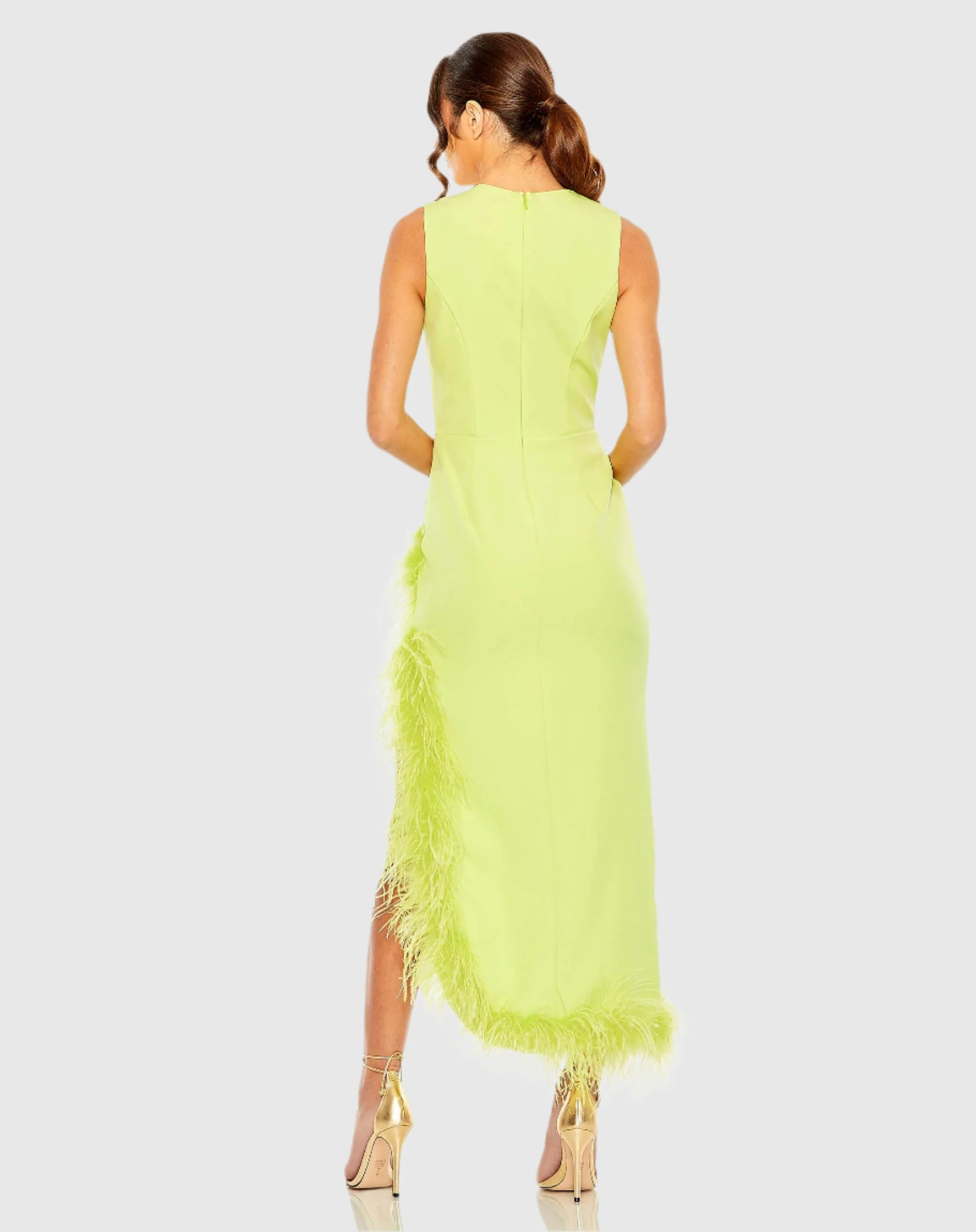 Green Sleeveless Faux Wrap Dress with Feather Detail