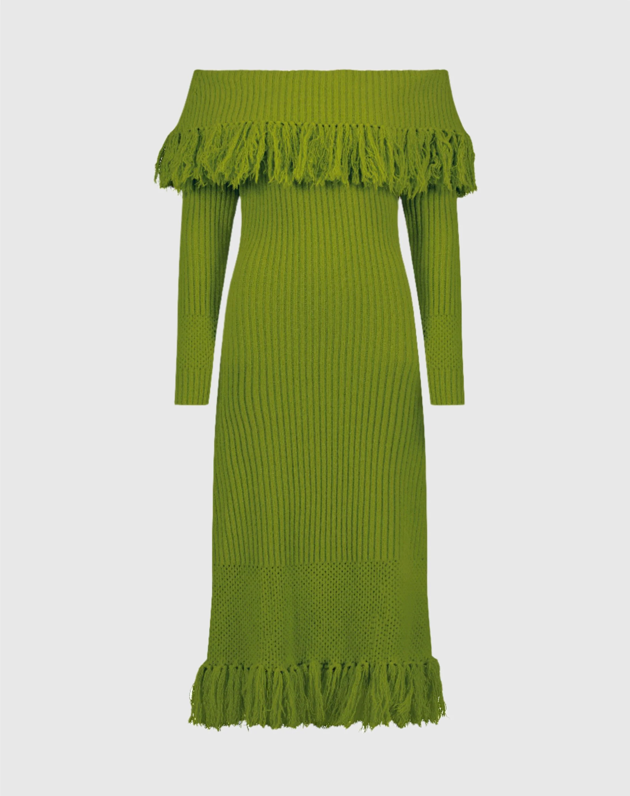 Green Off The Shoulder Fringe Long Sleeve Knit Dress