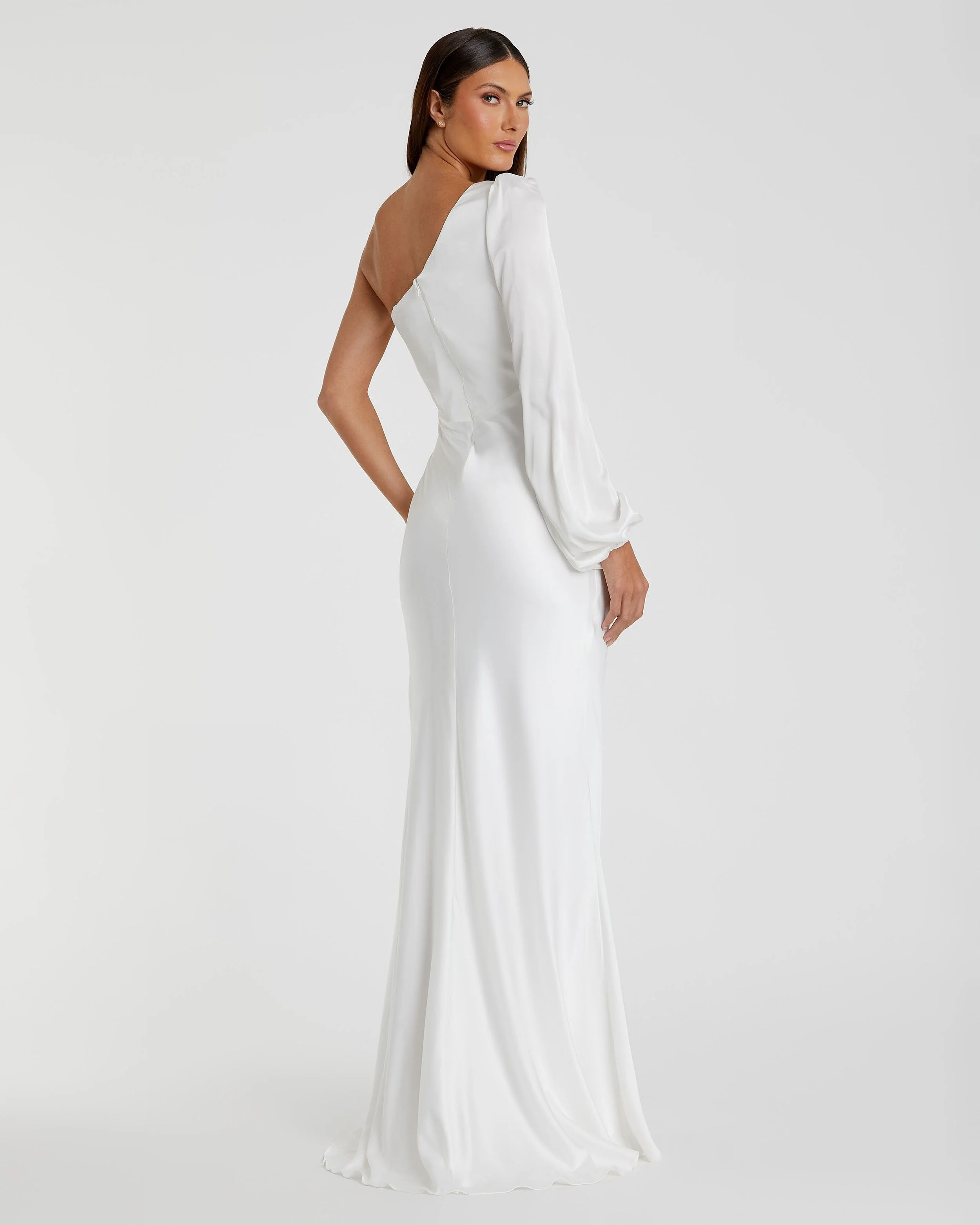 White One Shoulder Blouson Sleeve Gown