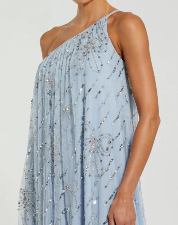Blue Bow Embellished Mesh One Shoulder High Low Gown