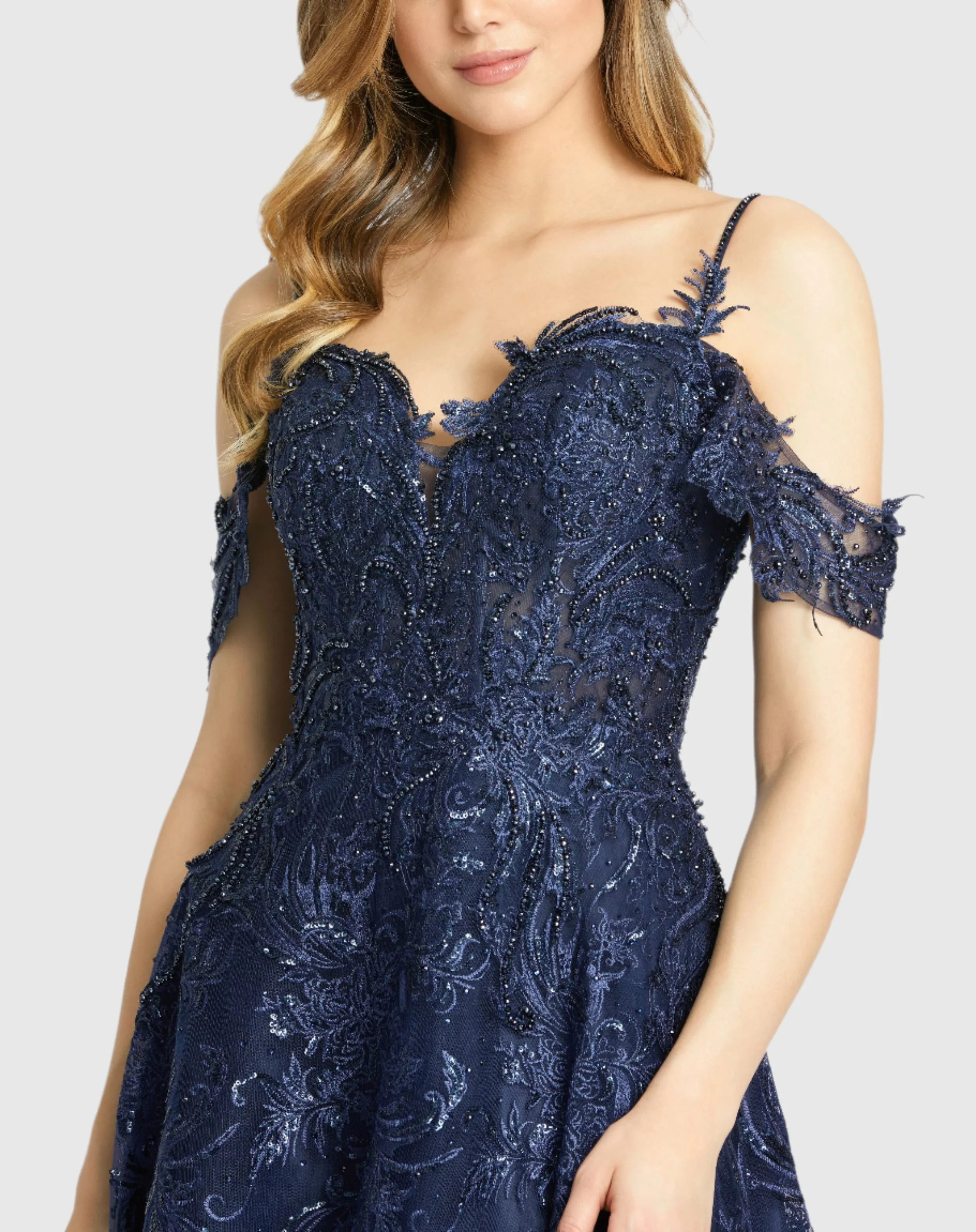 Navy Embellished Cold Shoulder Sweetheart A Line Gown