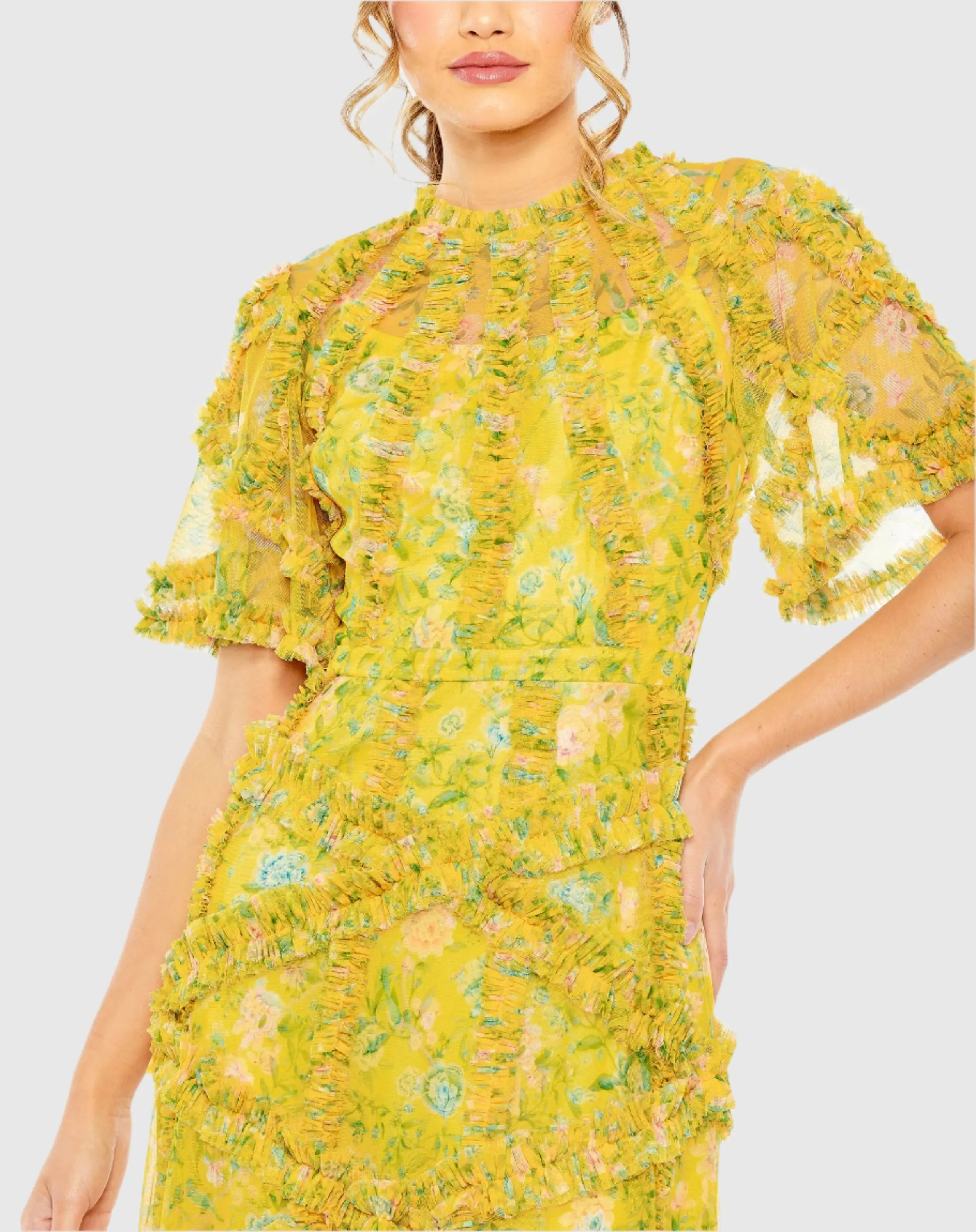 Yellow Floral Flutter Sleeve Mesh Print Dress