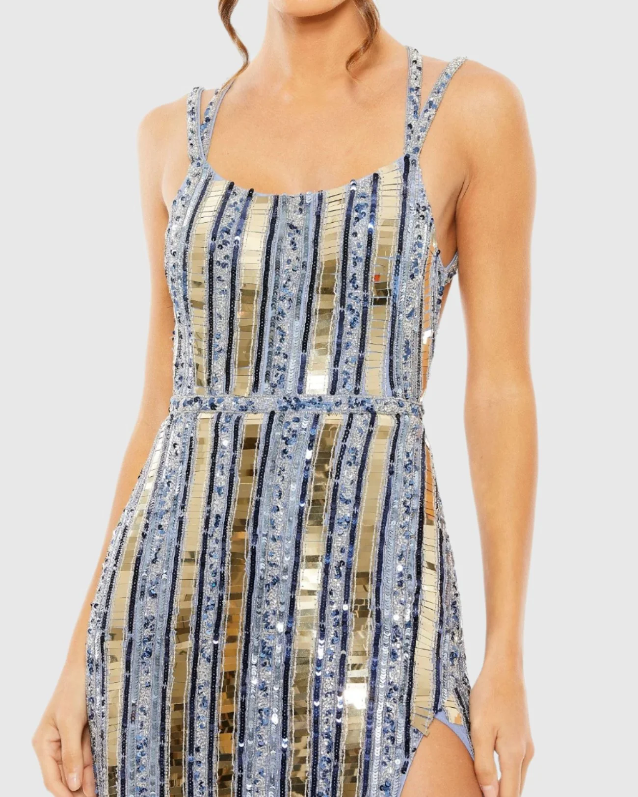 Blue and Gold Halter Neck Embellished Detailed Back Gown