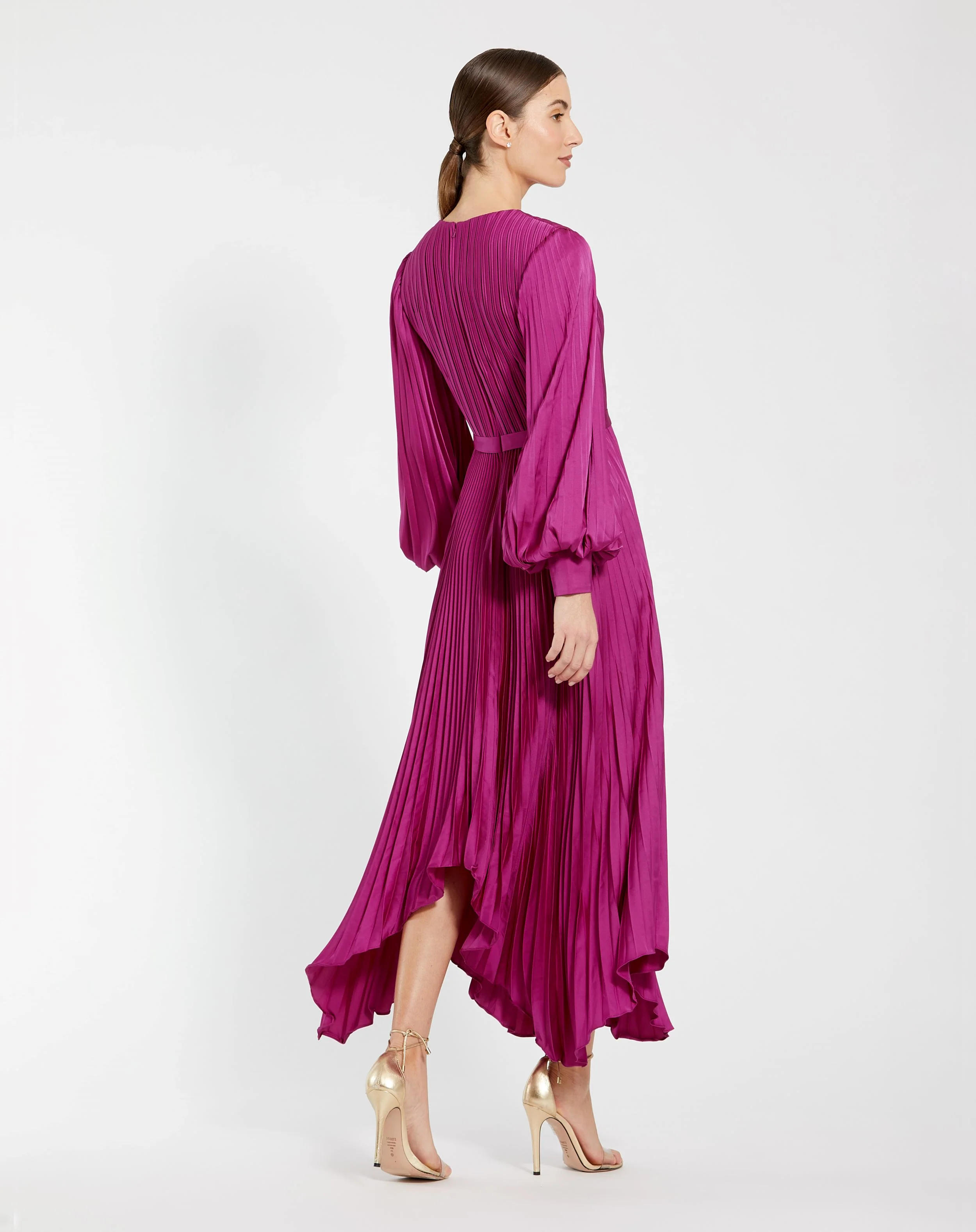Purple Long Sleeve Pleated Handkerchief Dress