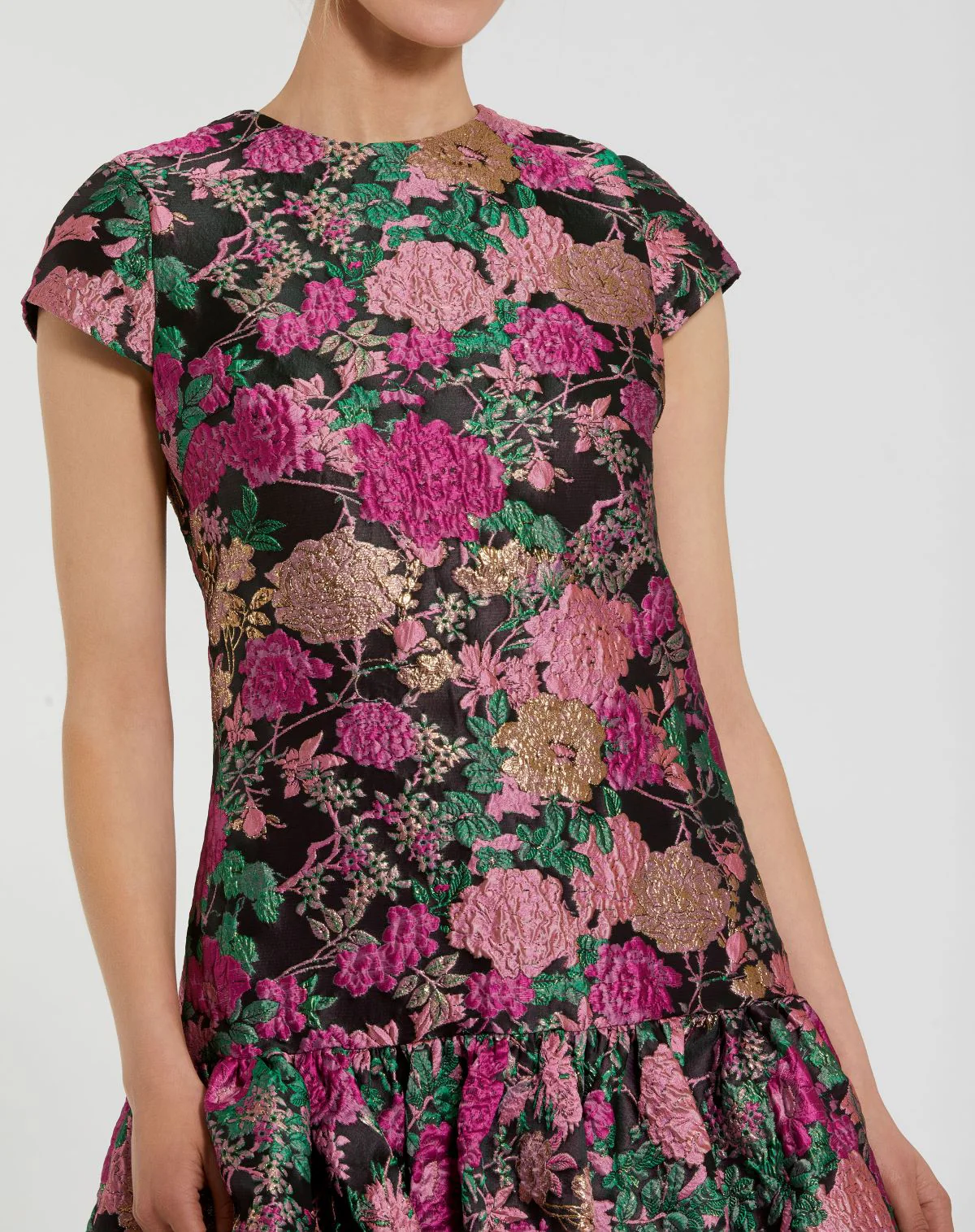 Black Brocade Cap Sleeve Mini Dress With Ruffle Hem