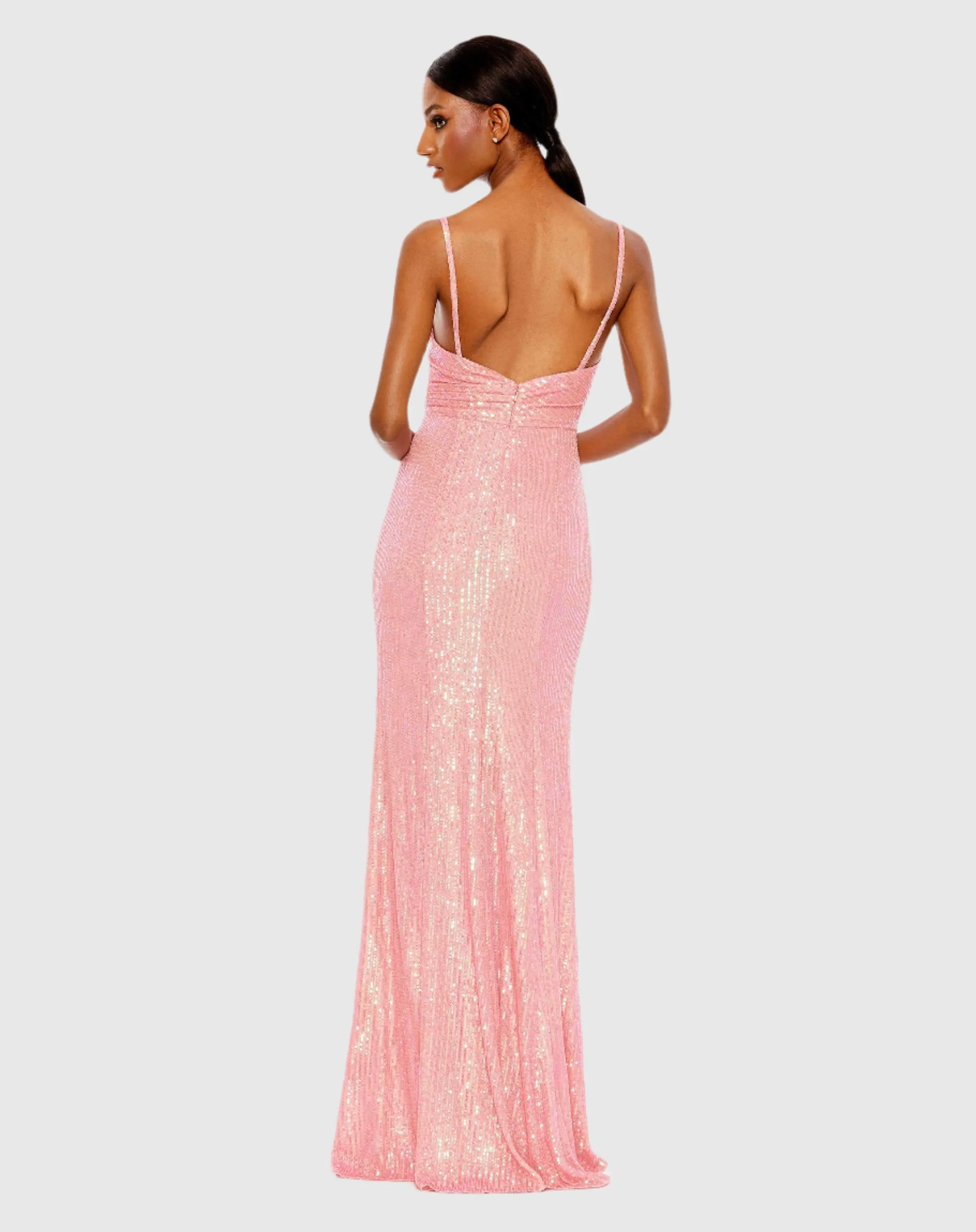 Pink Sequined Draped V Neck Gown