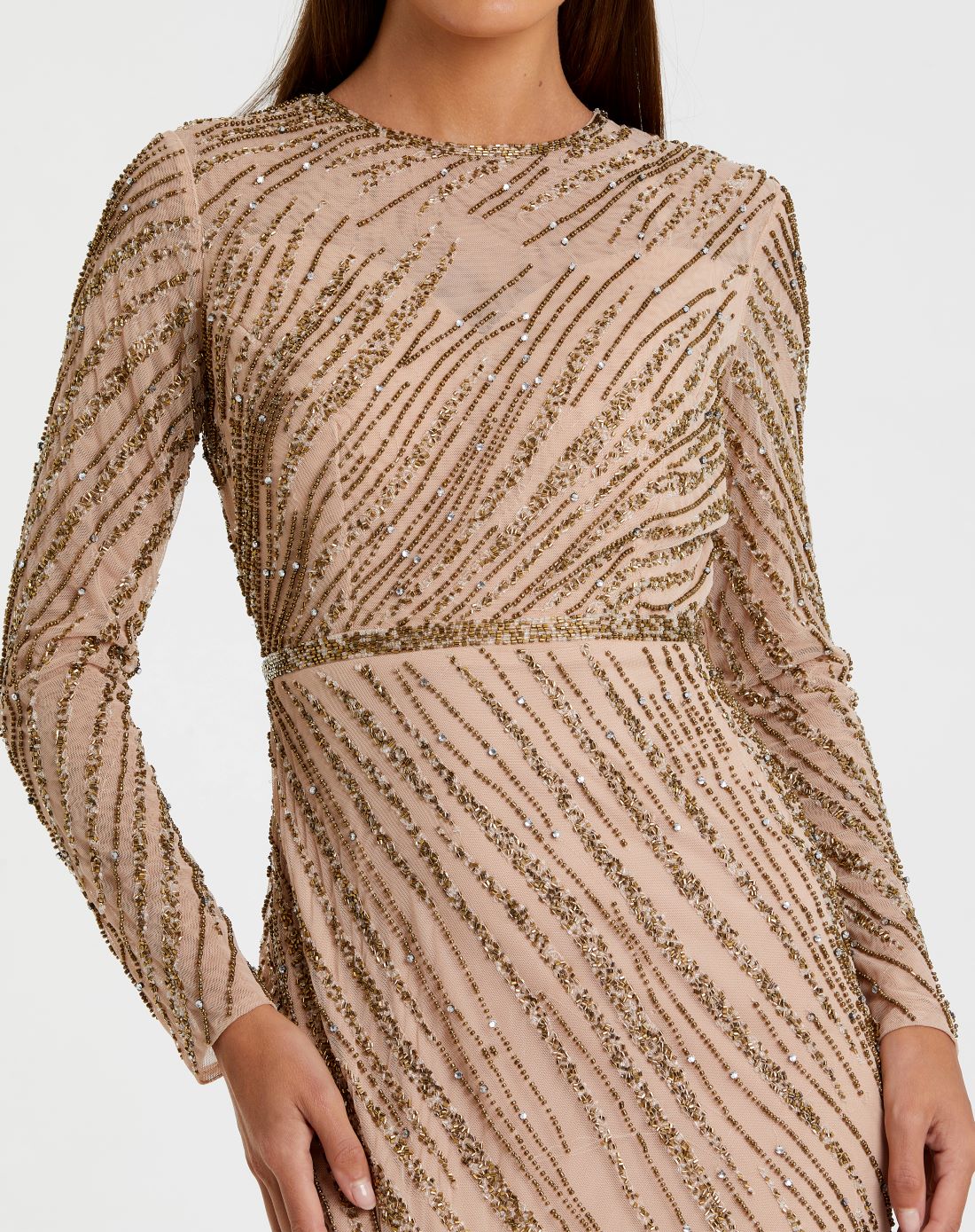 Beige Long Sleeve Beaded Column Gown