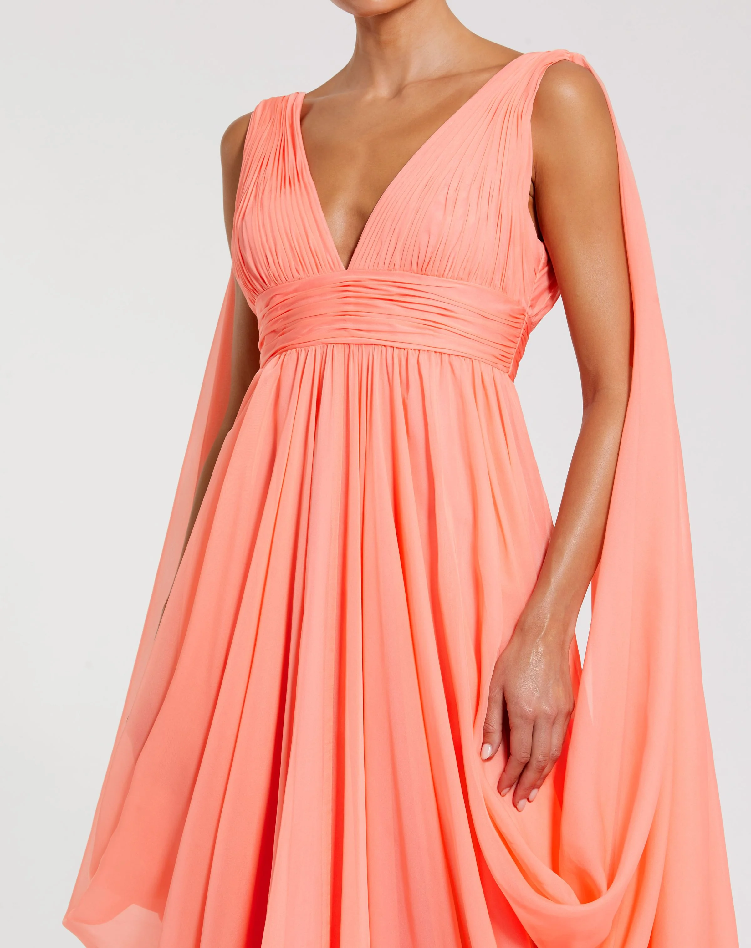 Pink V Neck Chiffon Gown With Draping Details