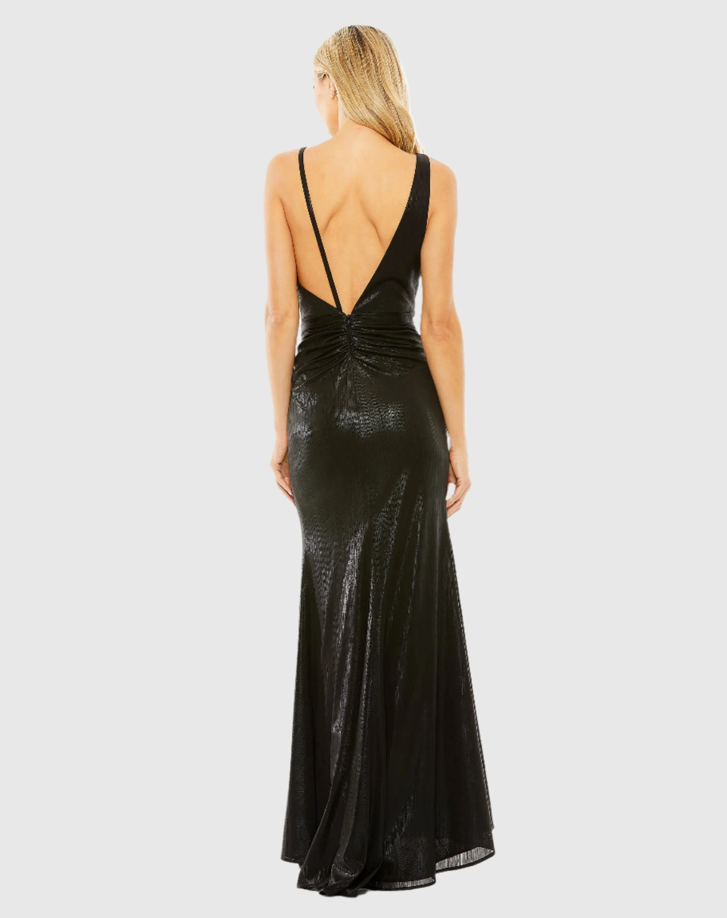 Thin Strap Gathered Waist High Slit Metallic Gown