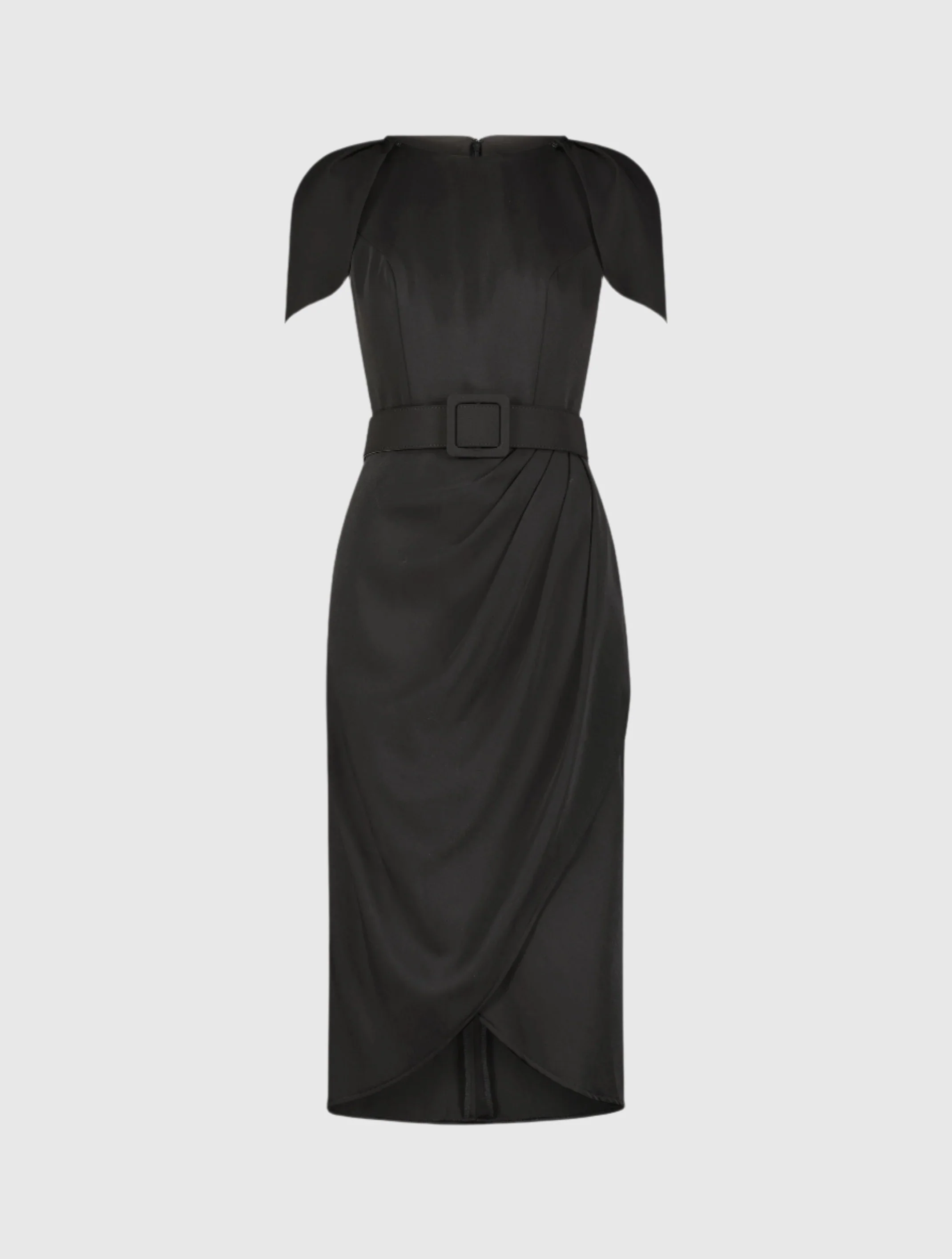Black Crepe Boat Neck Midi Tulip Dress With Belt