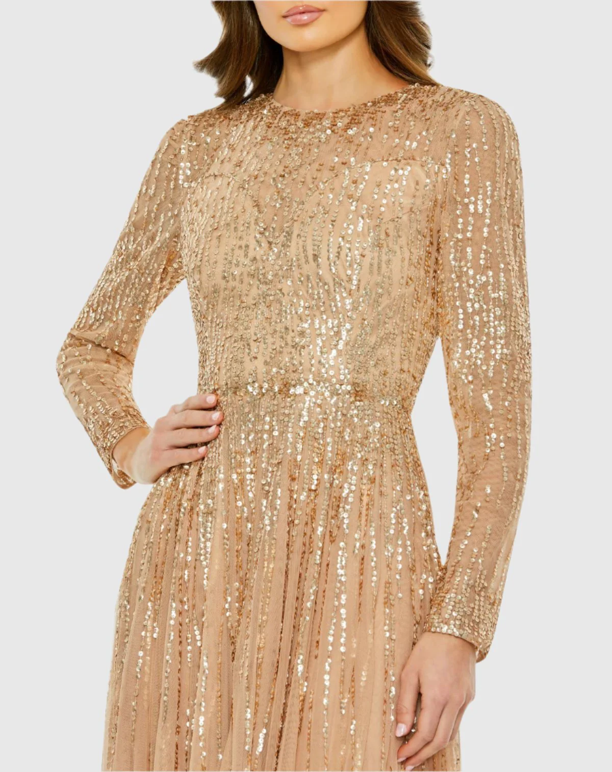 Beige Sequined Illusion High Neck Long Sleeve Gown