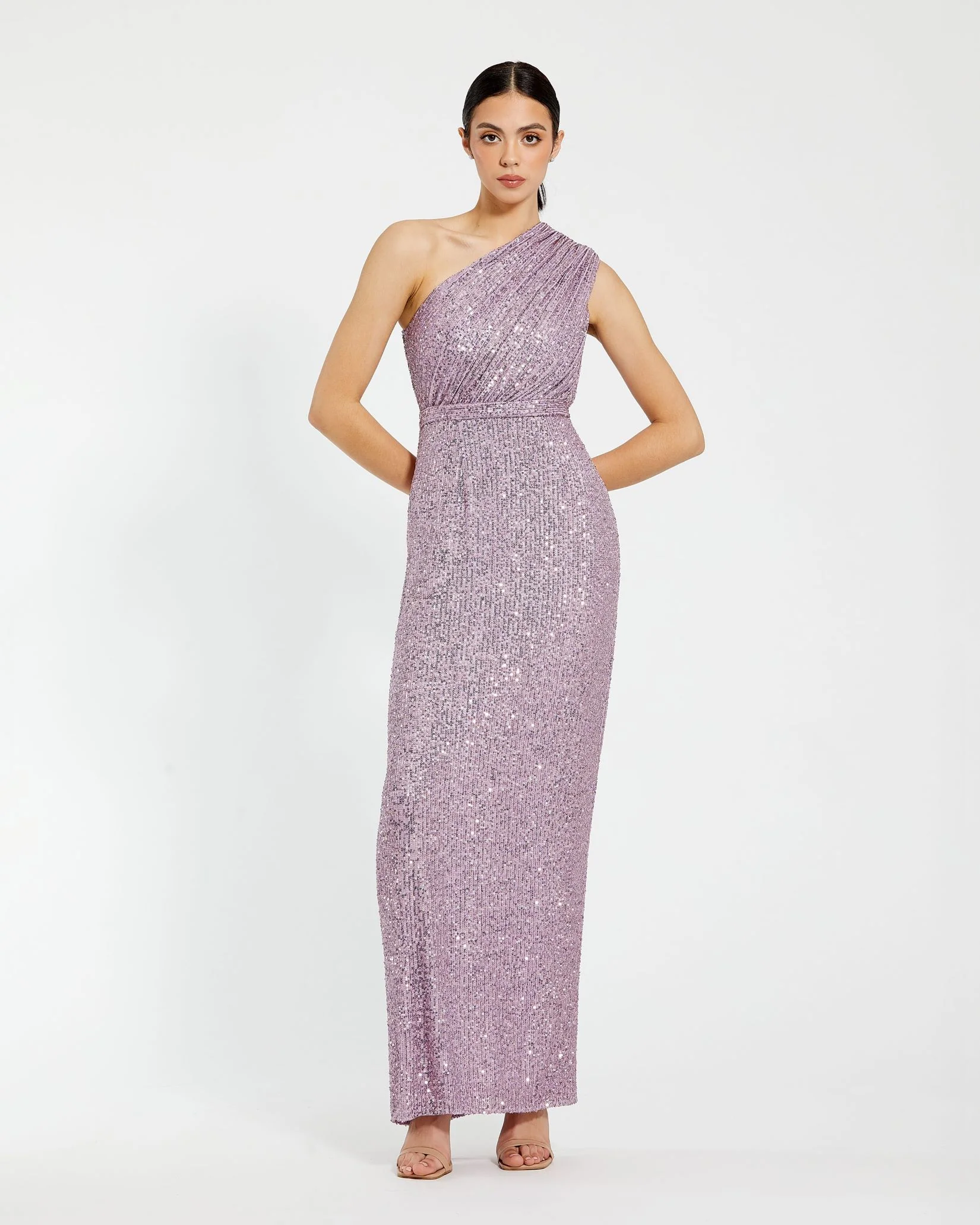 Purple Sequined Ruched One Shoulder Gown