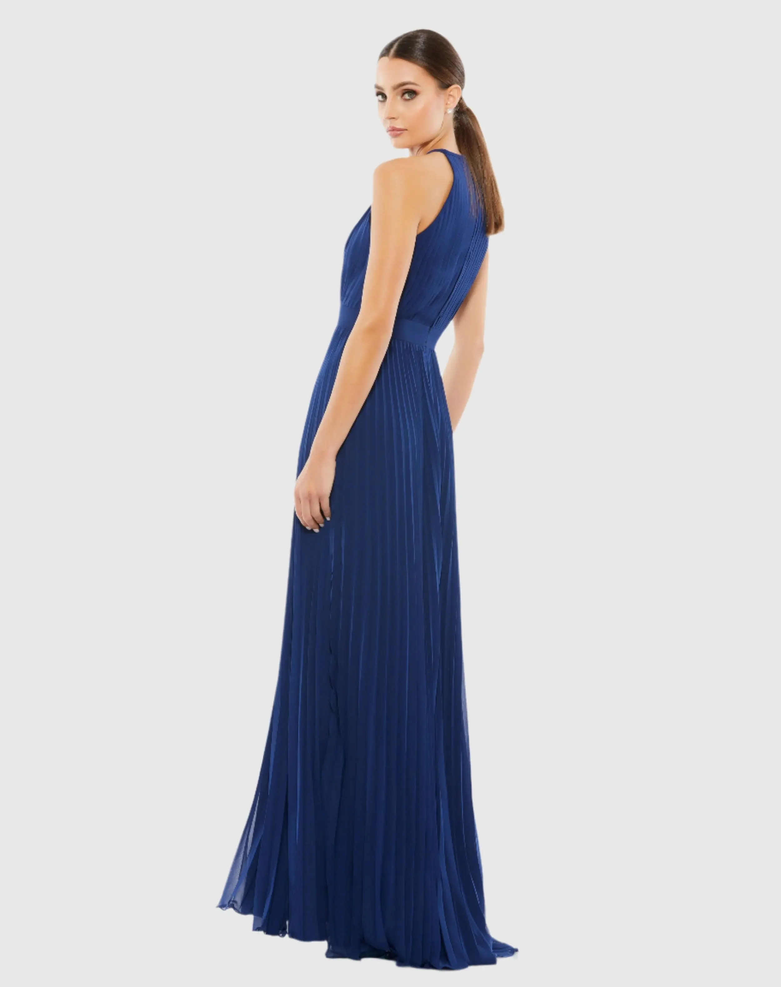 Navy Pleated Halter Neck Flowy Gown