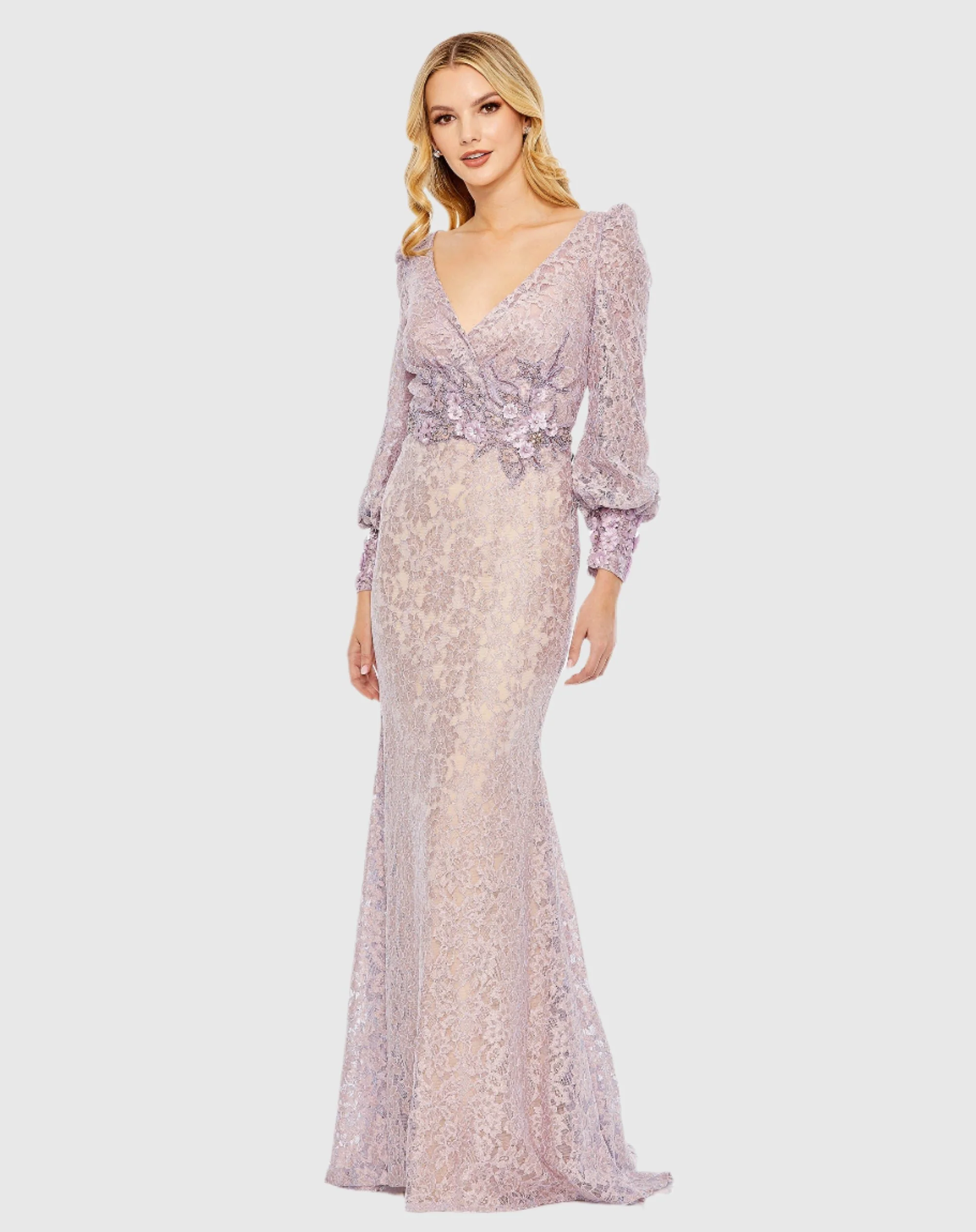 Purple Lace Long Sleeve V Neck Embellished Gown