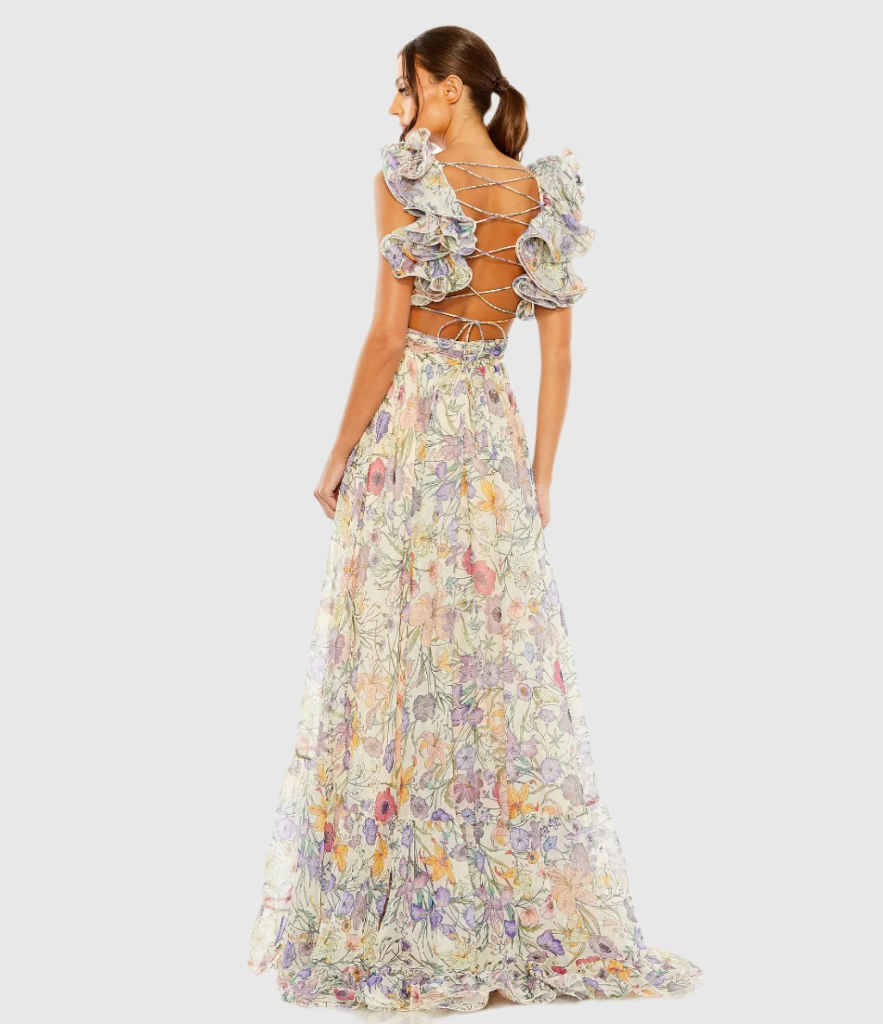 Floral Print Ruffle Tiered Cut-Out Chiffon Gown