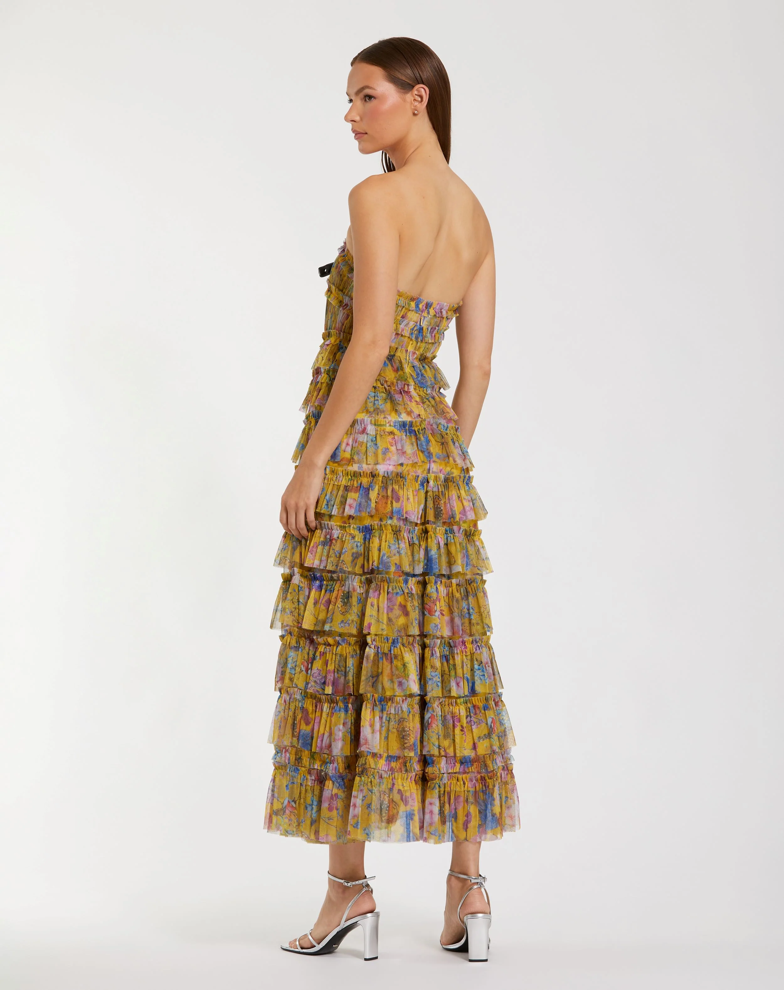 Yellow Ruffle Mesh Strapless Ankle Dress