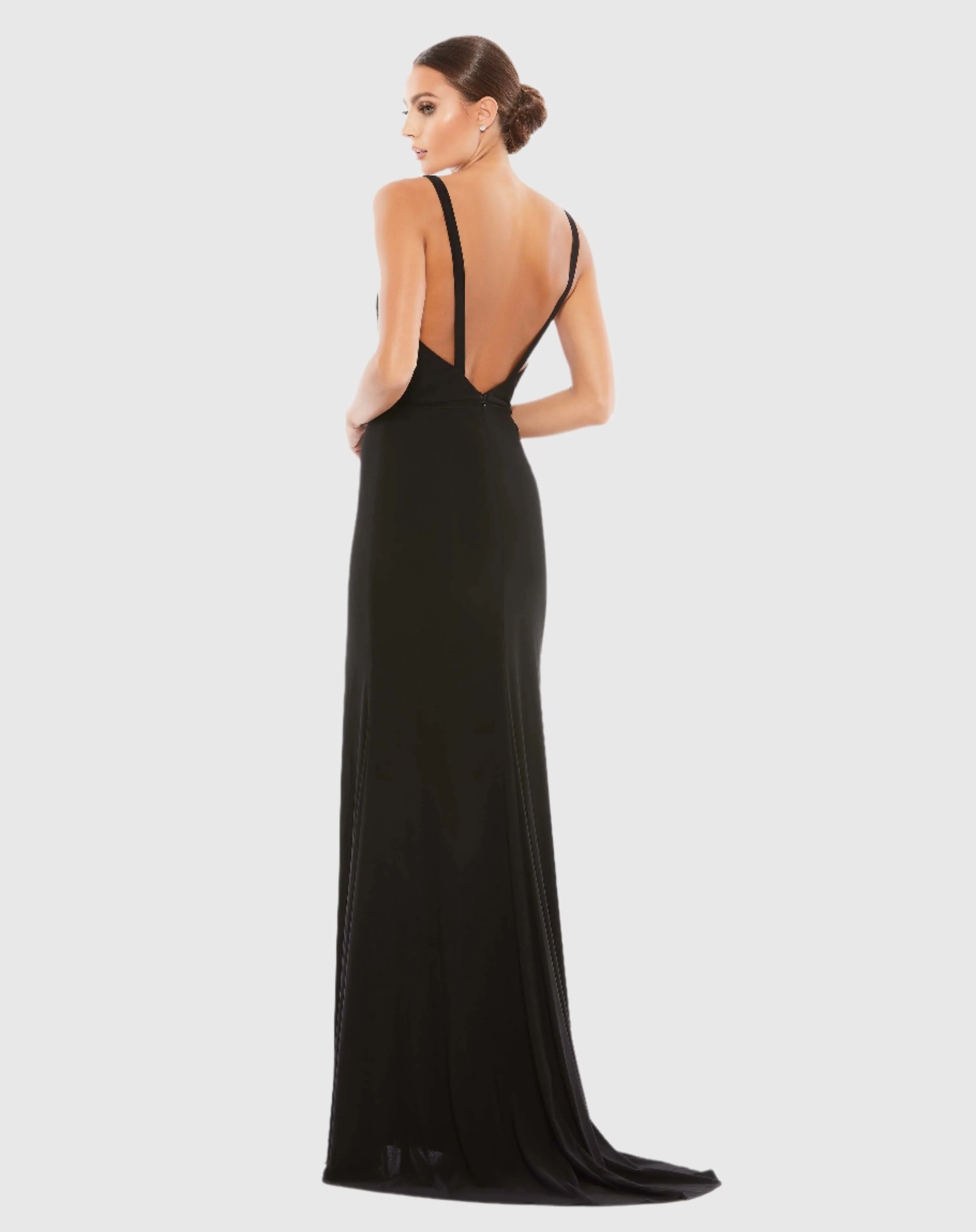 Black Plunge Neck High Slit Gown