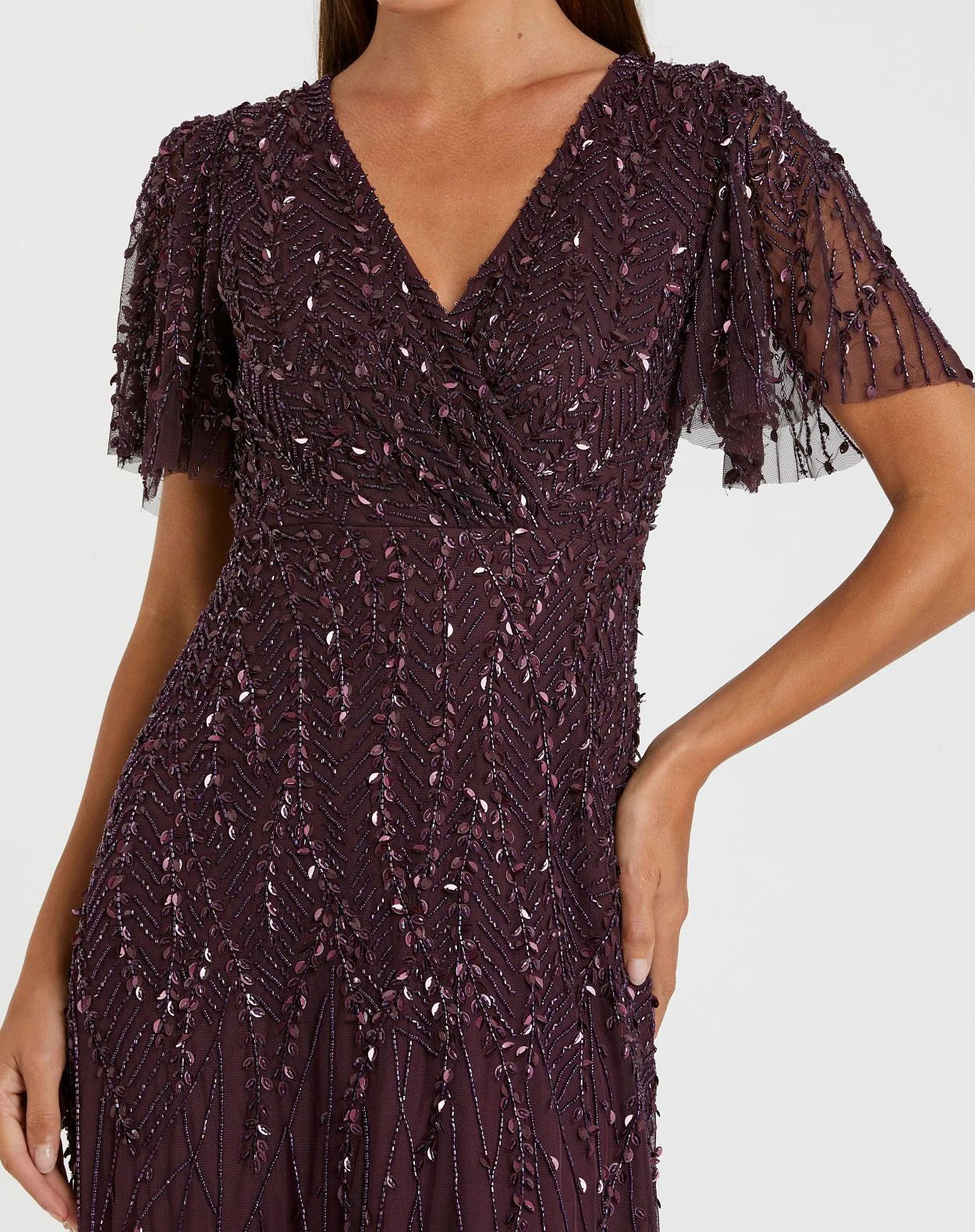Purple Embellished Flutter Sleeve Gown