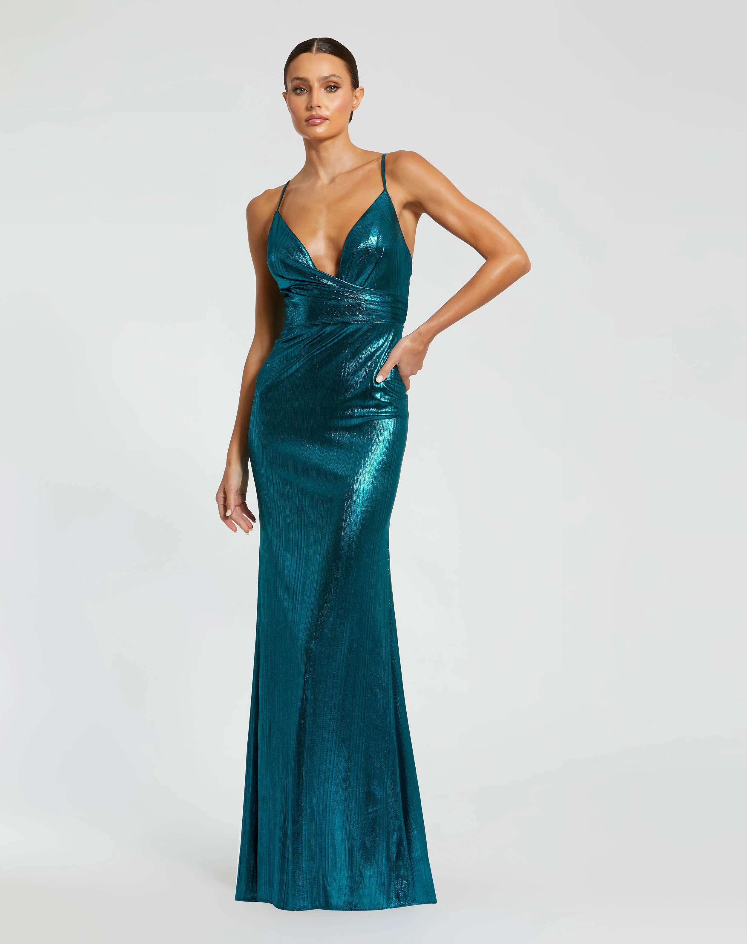 Metallic Faux Wrap Spaghetti Strap Gown