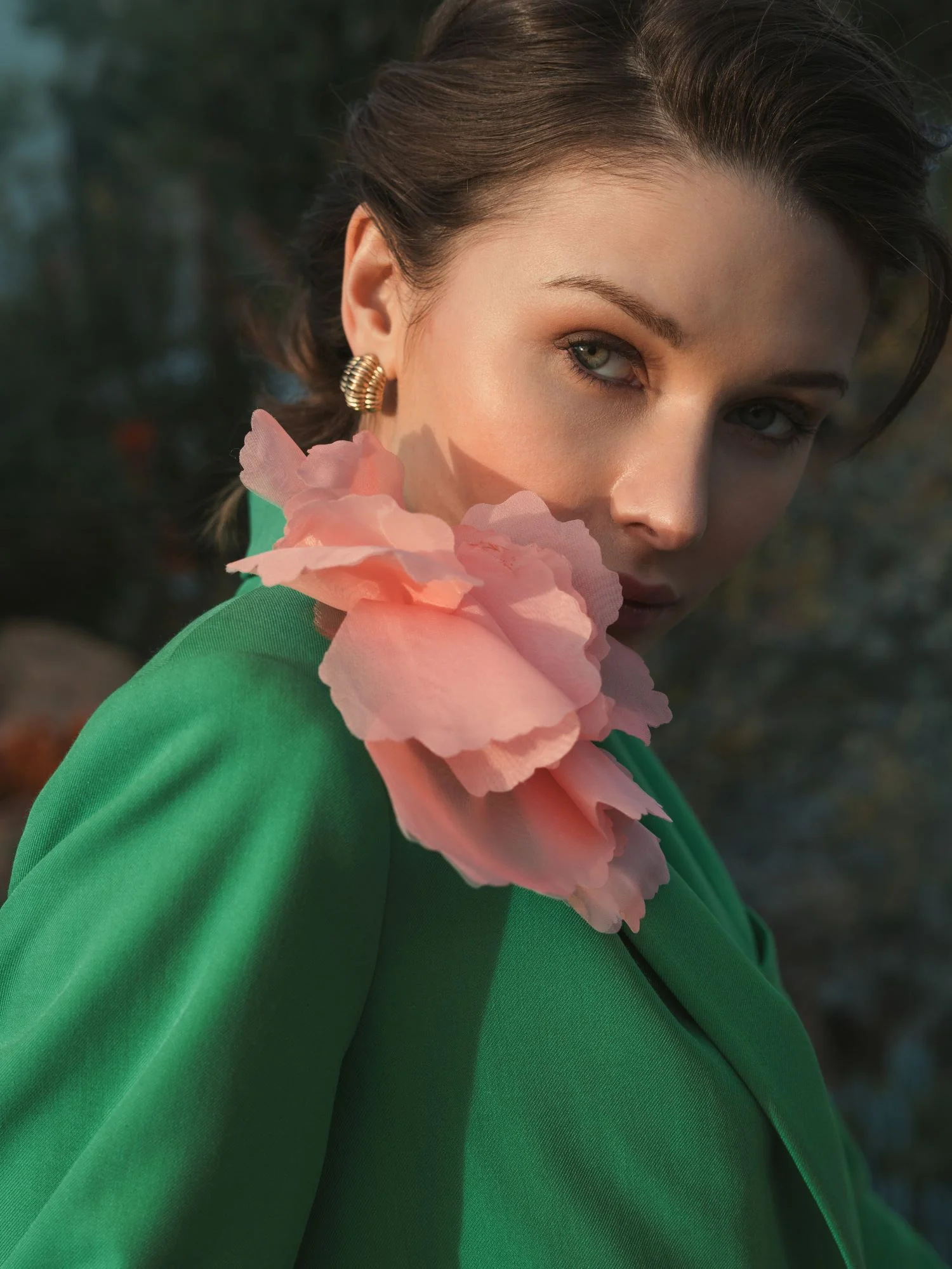 Green Classic Crepe Blazer Jacket With Flower - FINAL SALE