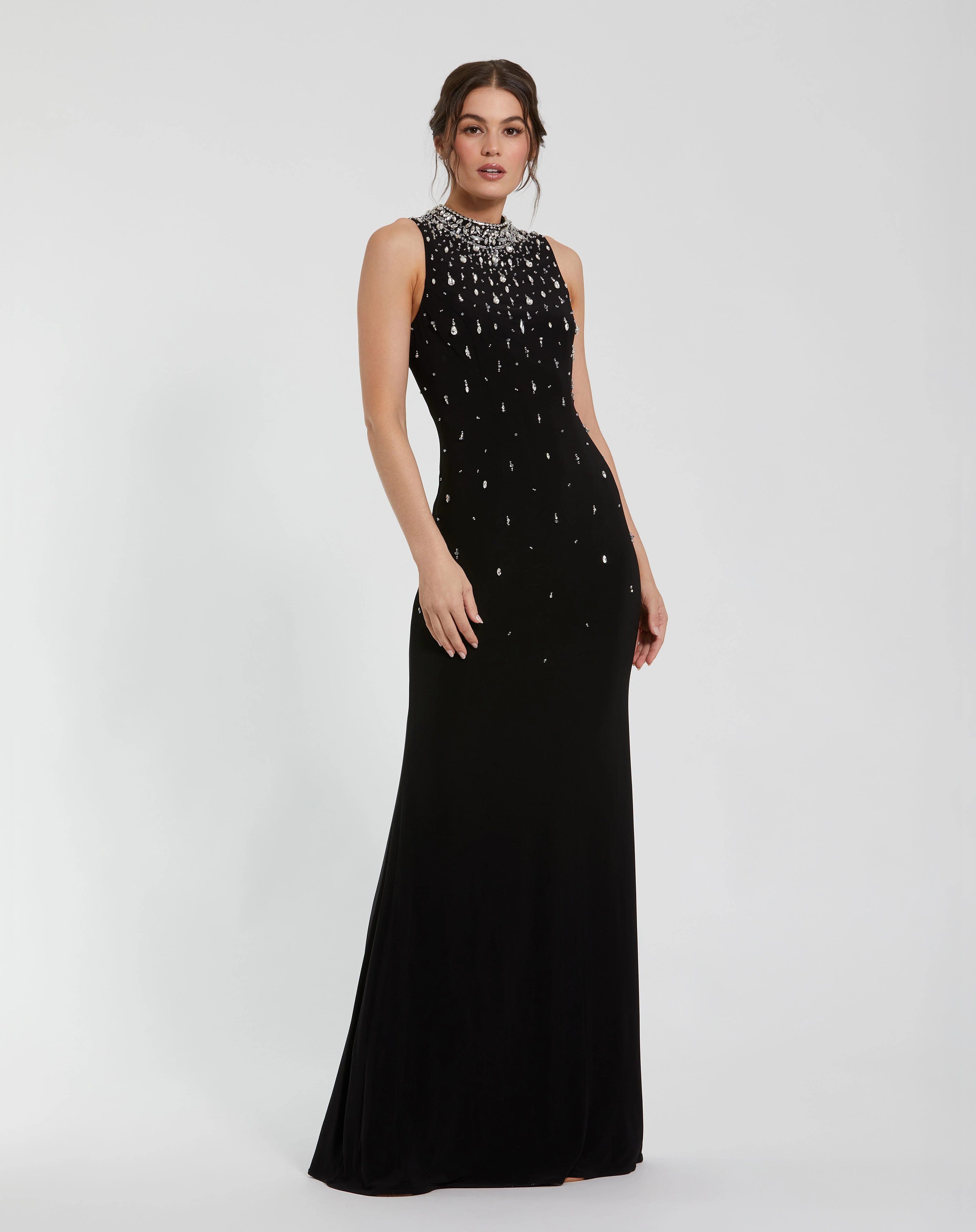 High Neck Sleeveless Beaded Jersey Fitted Gown
