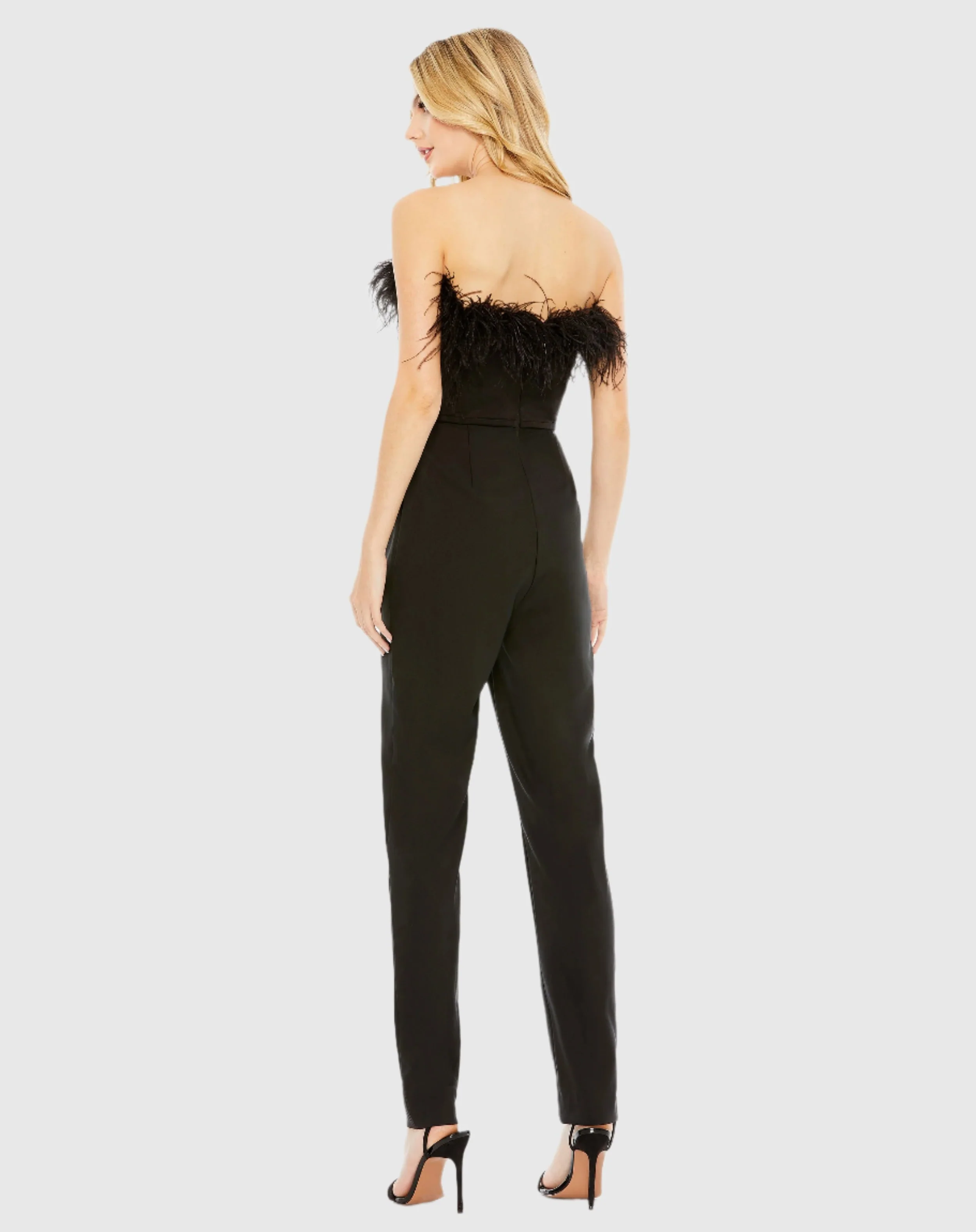 Black Strapless Jumpsuit with Feather Trim - FINAL SALE
