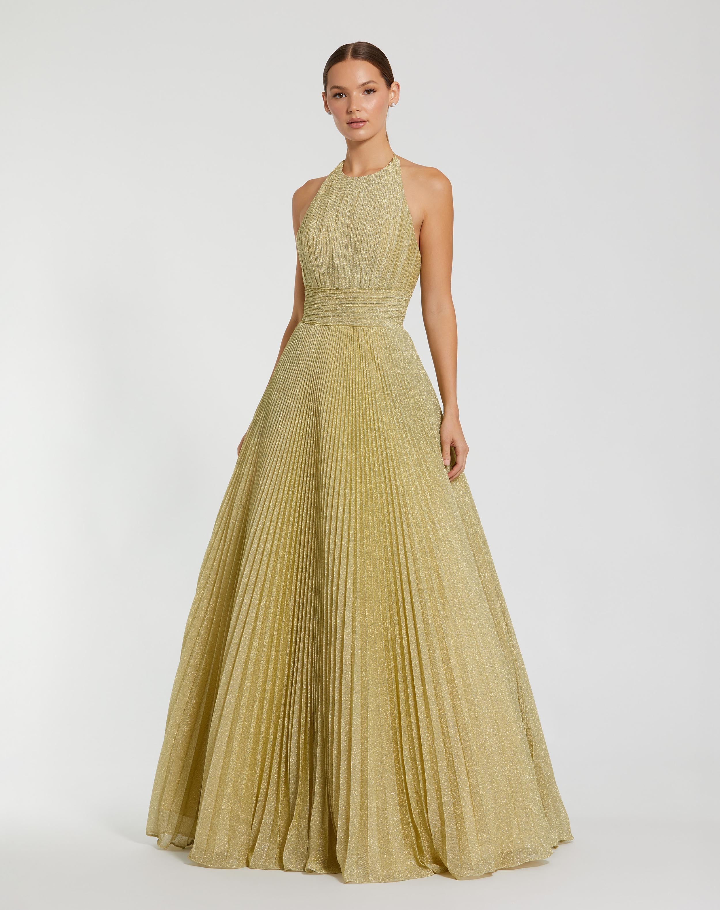 Gold Shimmering Pleated High Neck Gown
